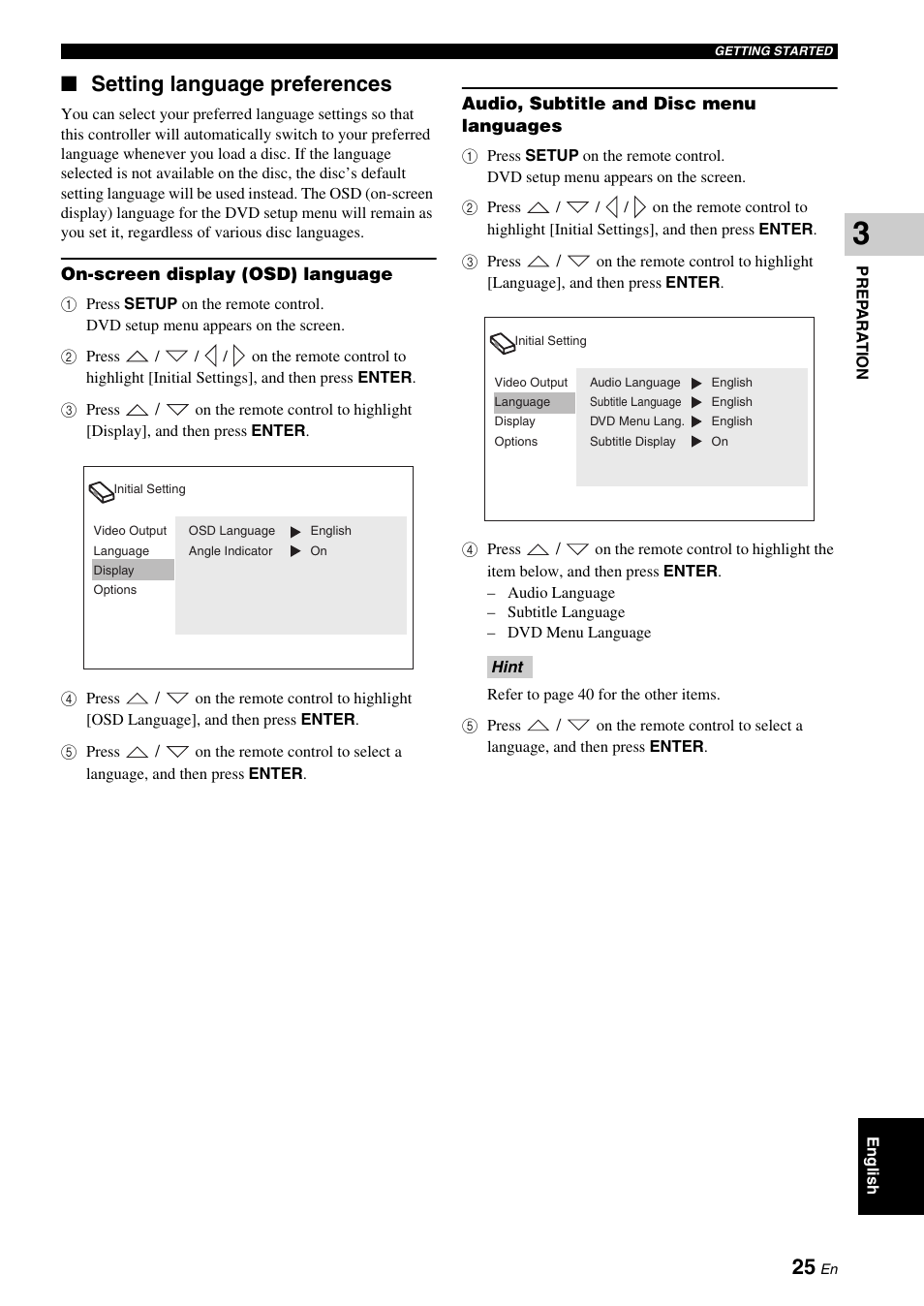 Setting language preferences | Yamaha DVX-700 User Manual | Page 29 / 86