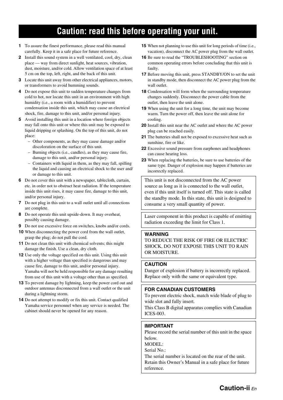 Caution: read this before operating your unit, Caution-ii | Yamaha DVX-700 User Manual | Page 3 / 86