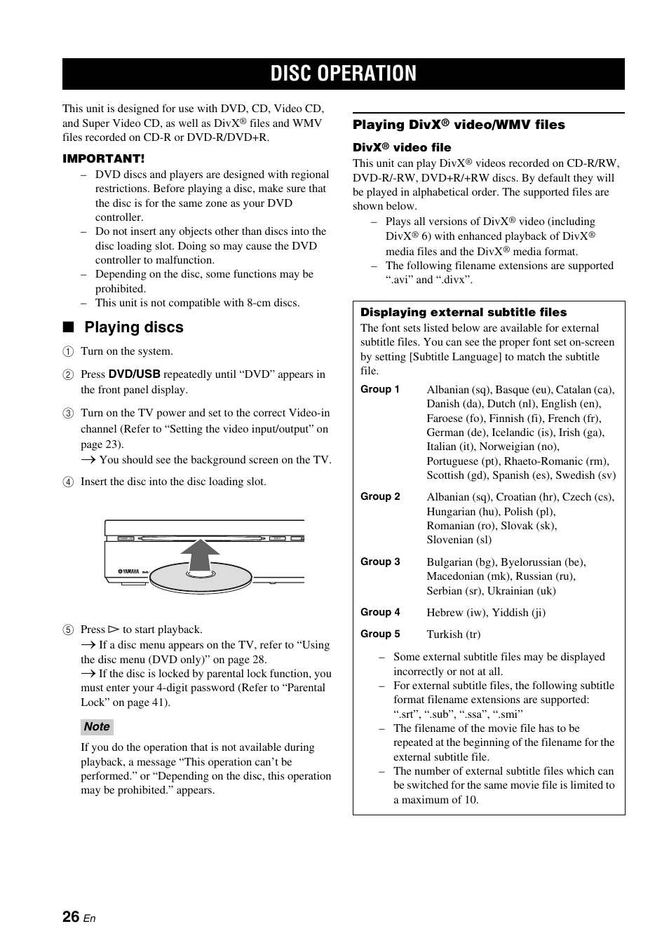 Basic operations, Disc operation, Playing discs | Yamaha DVX-700 User Manual | Page 30 / 86