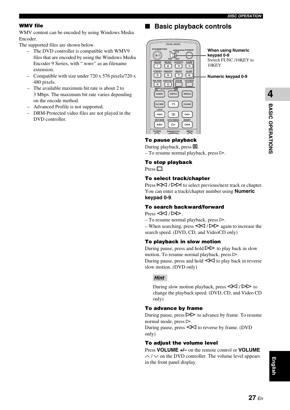 Basic playback controls, Basic operations | Yamaha DVX-700 User Manual | Page 31 / 86