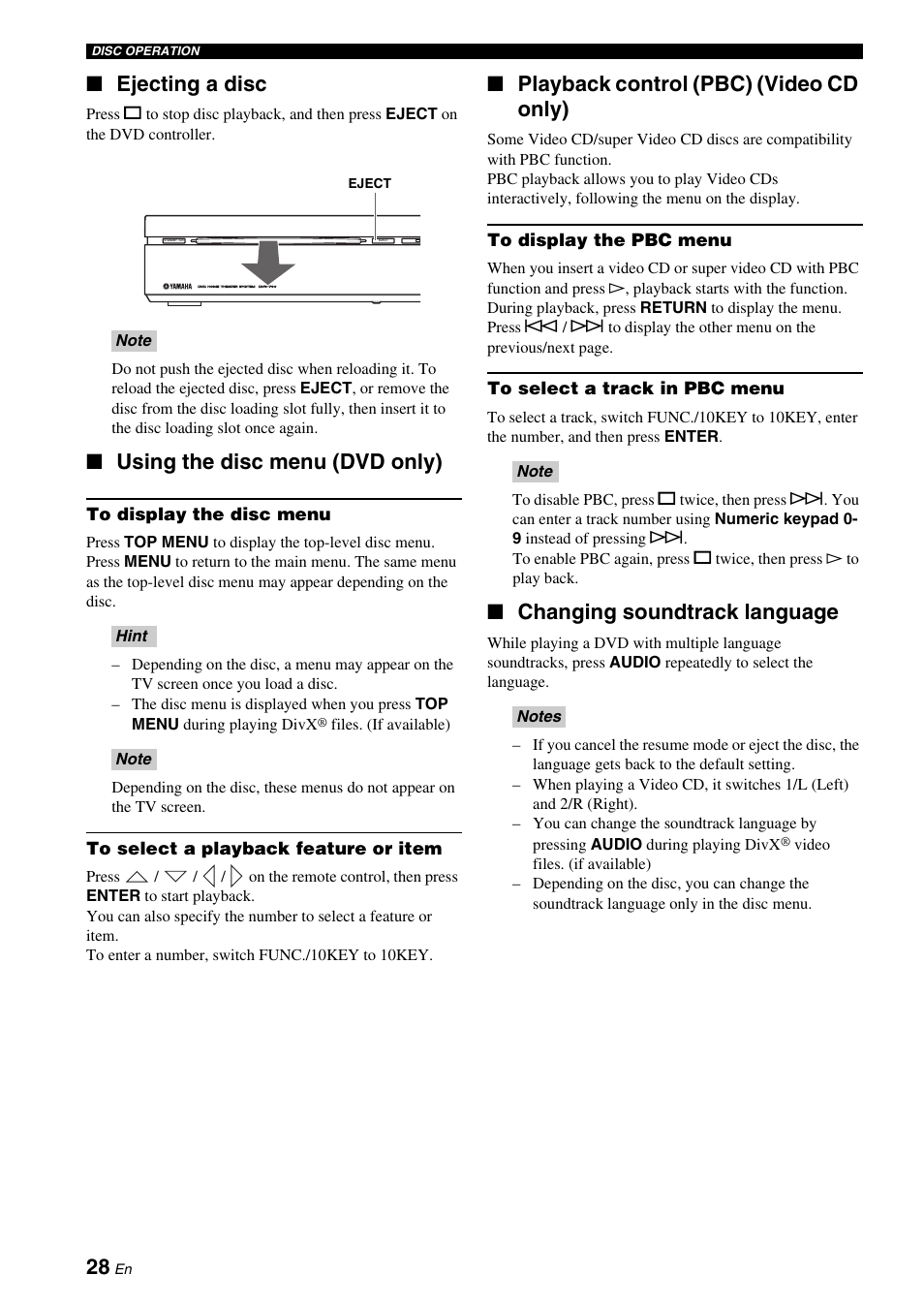 Ejecting a disc, Using the disc menu (dvd only), Playback control (pbc) (video cd only) | Changing soundtrack language, Tv, refer to “using | Yamaha DVX-700 User Manual | Page 32 / 86