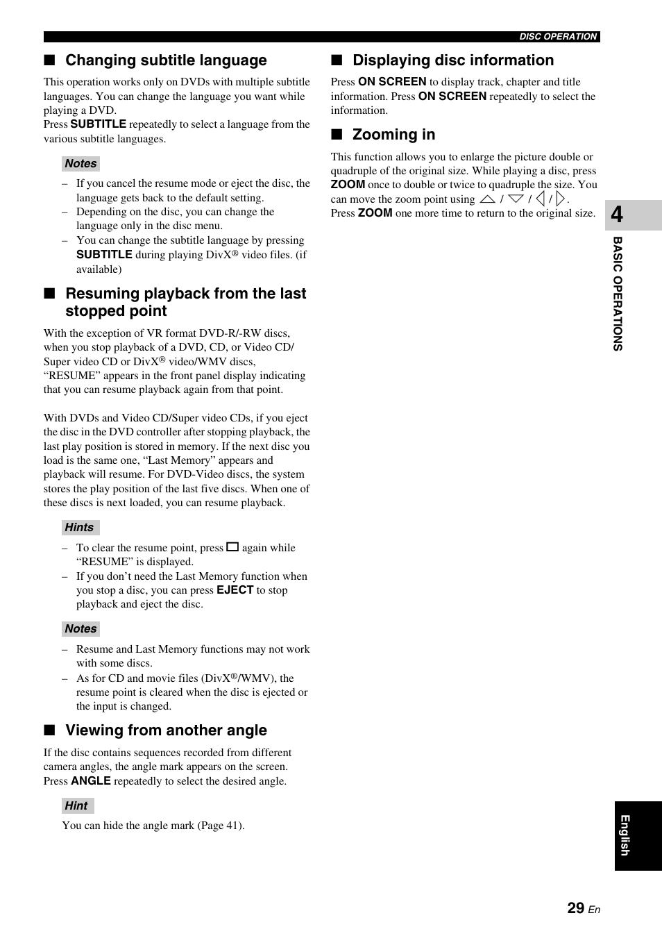 Changing subtitle language, Resuming playback from the last stopped point, Viewing from another angle | Displaying disc information, Zooming in | Yamaha DVX-700 User Manual | Page 33 / 86