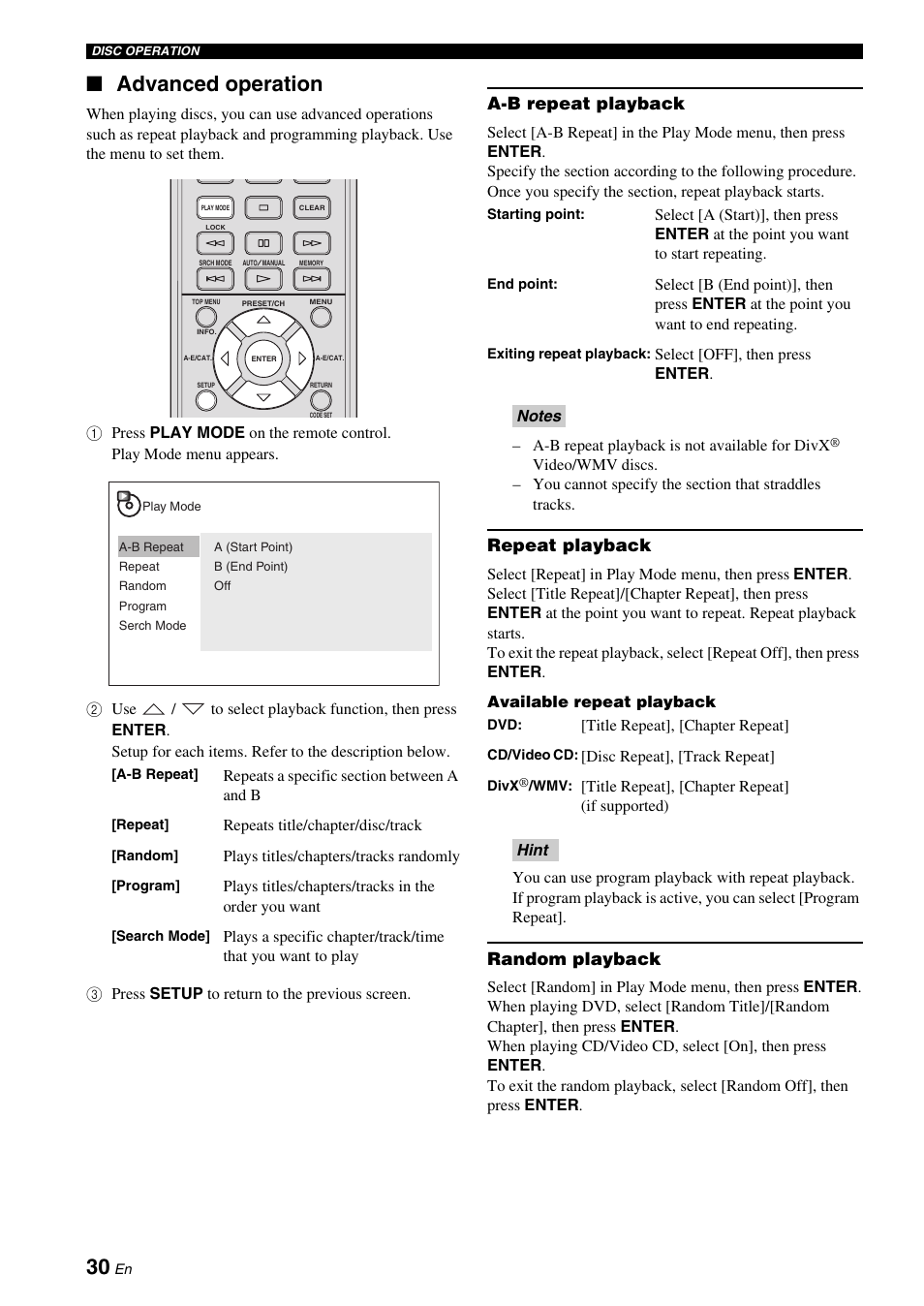 Advanced operation, A-b repeat playback, Repeat playback | Random playback | Yamaha DVX-700 User Manual | Page 34 / 86