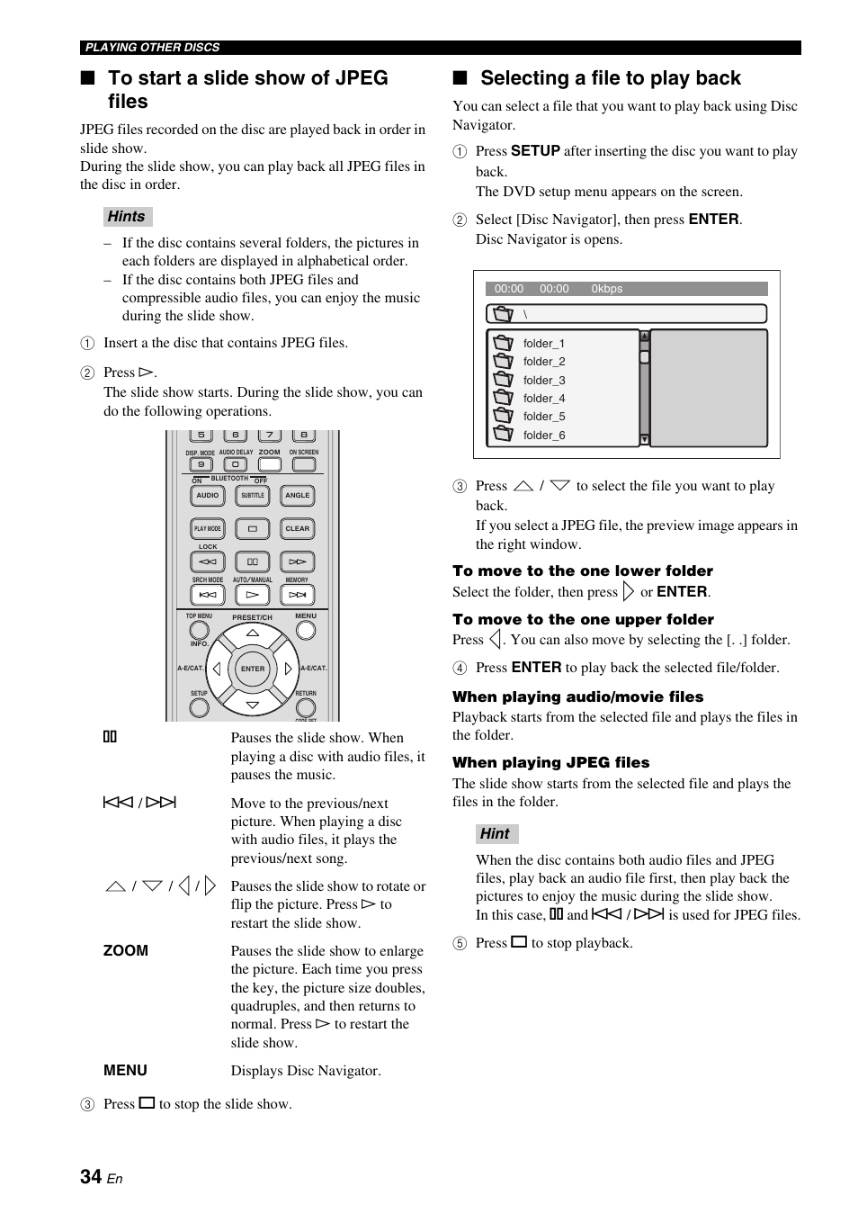 To start a slide show of jpeg files, Selecting a file to play back | Yamaha DVX-700 User Manual | Page 38 / 86