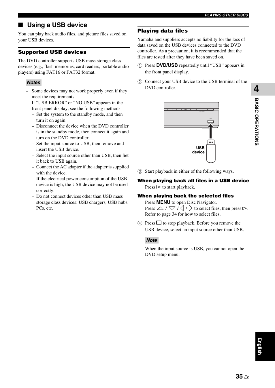 Using a usb device | Yamaha DVX-700 User Manual | Page 39 / 86