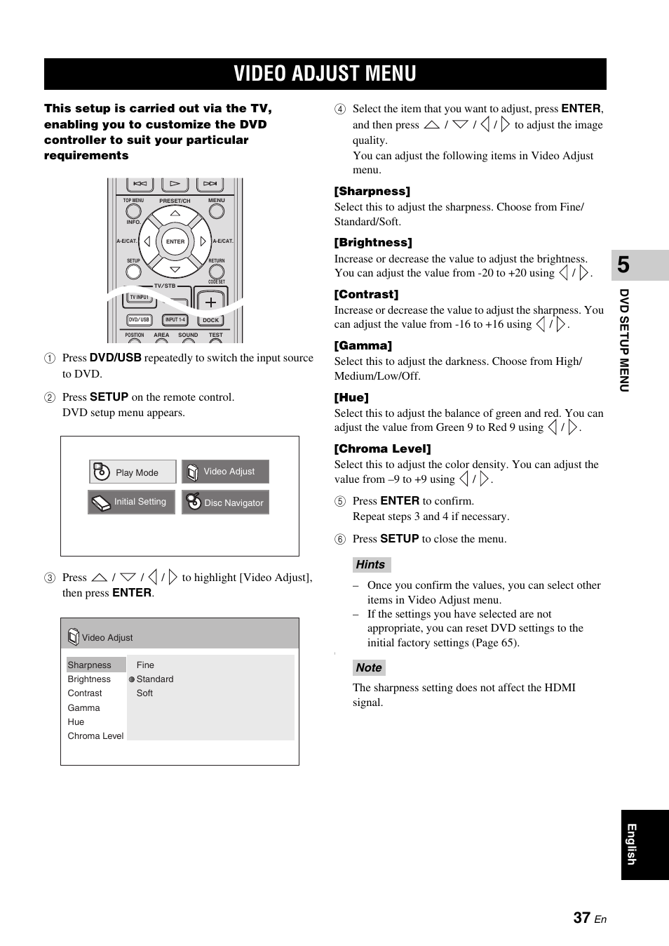 Video adjust menu | Yamaha DVX-700 User Manual | Page 41 / 86