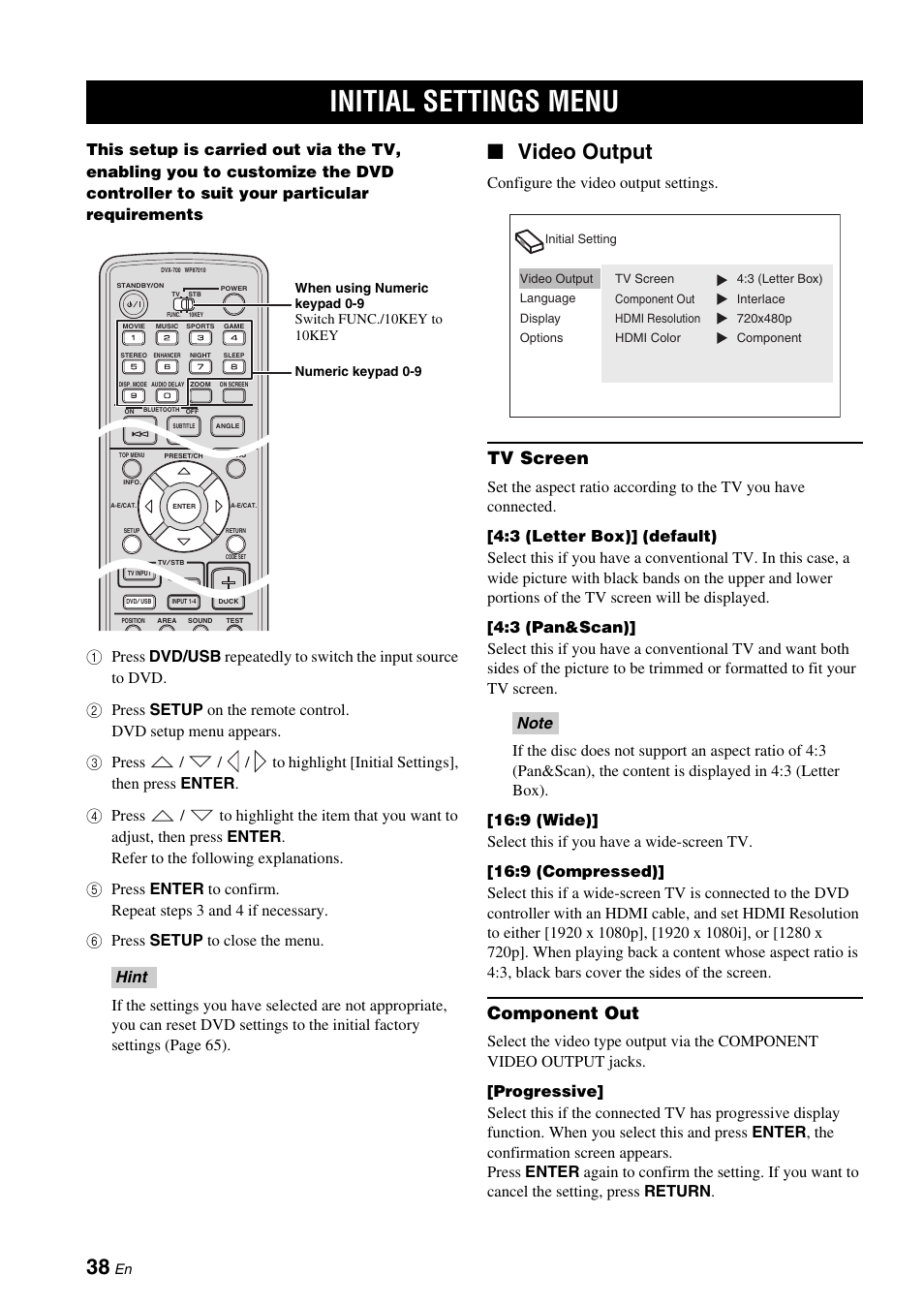 Initial settings menu, Video output, Tv screen | Component out, Configure the video output settings | Yamaha DVX-700 User Manual | Page 42 / 86