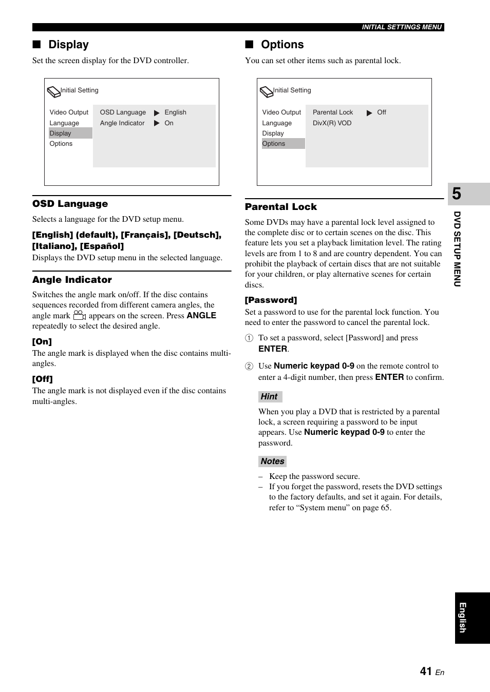 Display, Options, Display options | Yamaha DVX-700 User Manual | Page 45 / 86