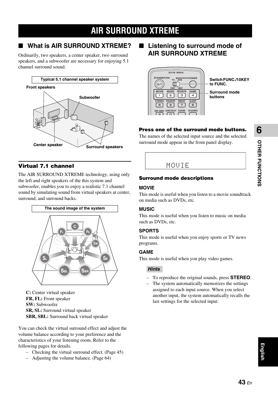 Other functions, Air surround xtreme, What is air surround xtreme | Listening to surround mode of air surround xtreme, Xtreme, Movie, Virtual 7.1 channel | Yamaha DVX-700 User Manual | Page 47 / 86