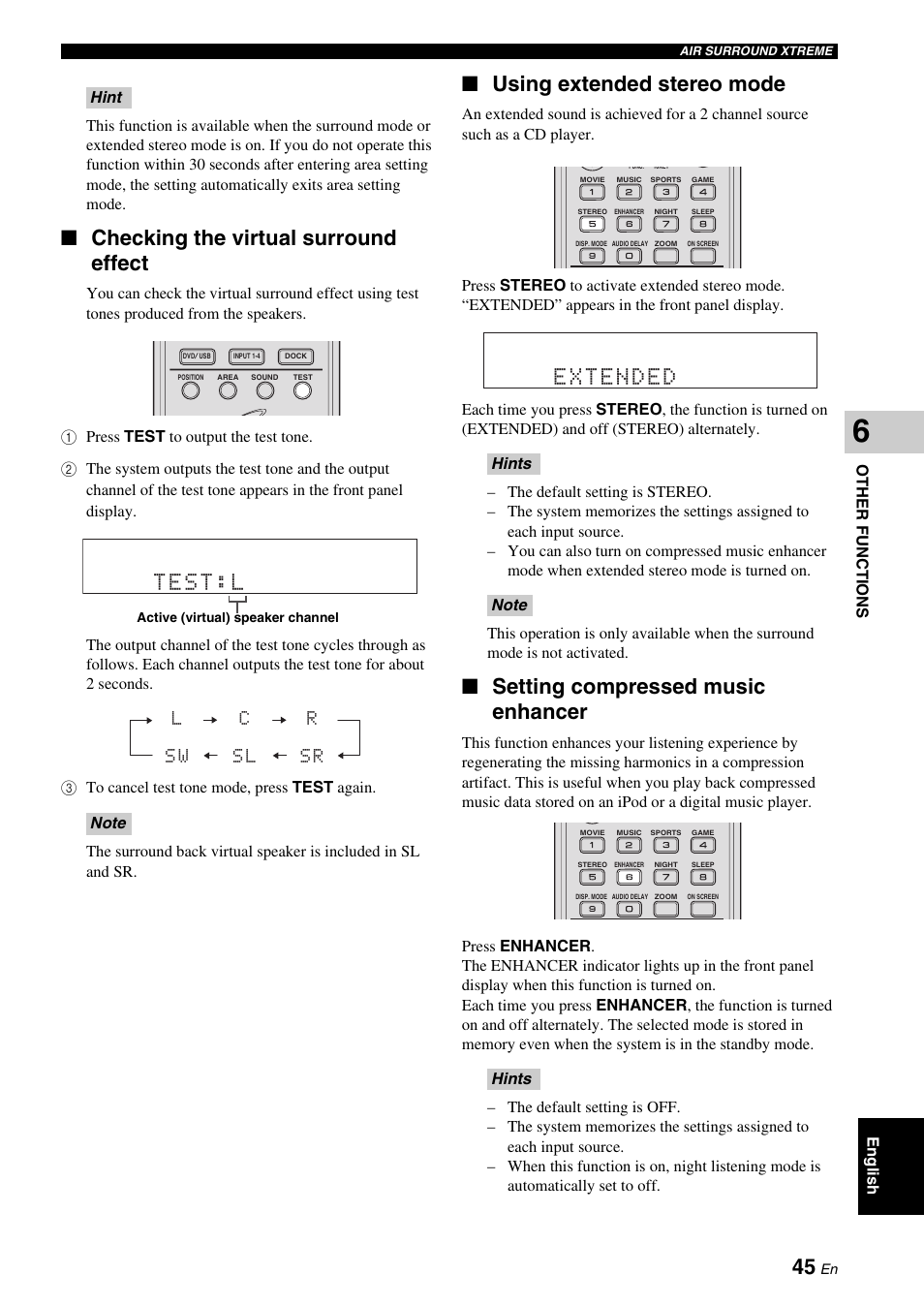 Checking the virtual surround effect, Using extended stereo mode, Setting compressed music enhancer | Test:l, Extended | Yamaha DVX-700 User Manual | Page 49 / 86