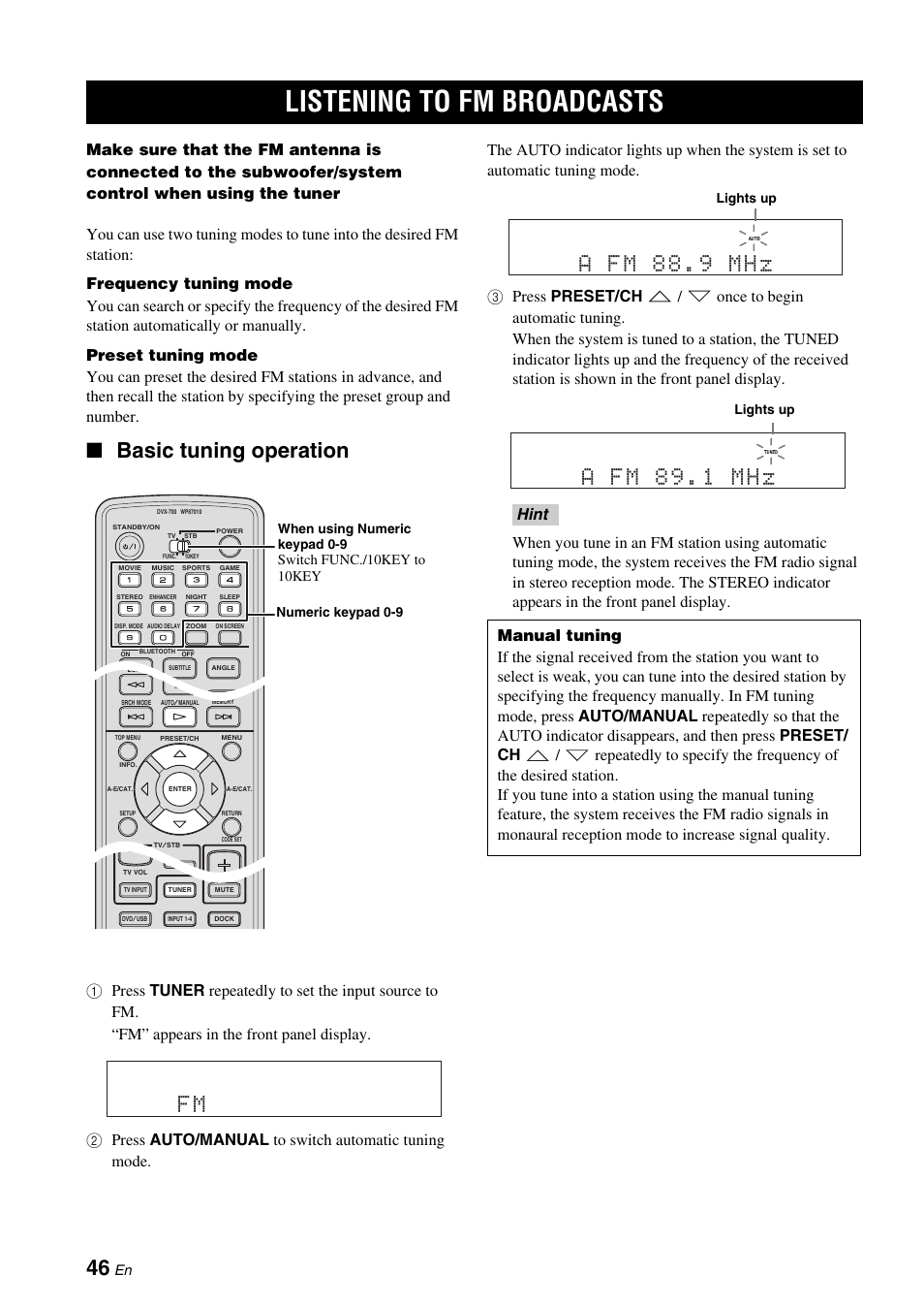 Listening to fm broadcasts, Basic tuning operation, A fm 88.9 mhz | A fm 89.1 mhz, Switch func./10key to 10key | Yamaha DVX-700 User Manual | Page 50 / 86