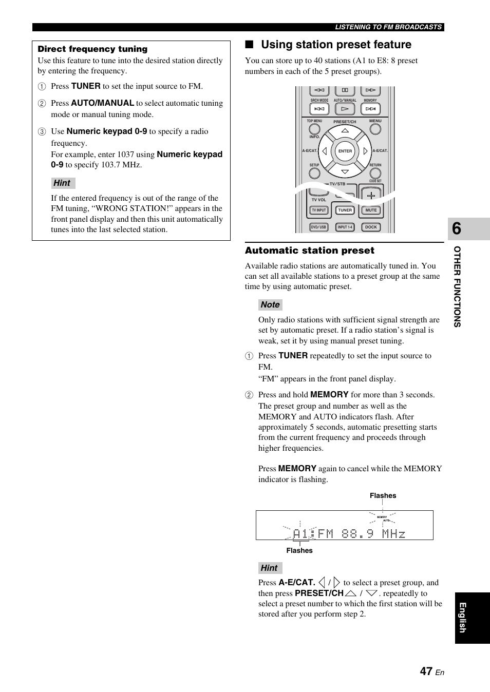 Using station preset feature, A1:fm 88.9 mhz, Automatic station preset | Yamaha DVX-700 User Manual | Page 51 / 86