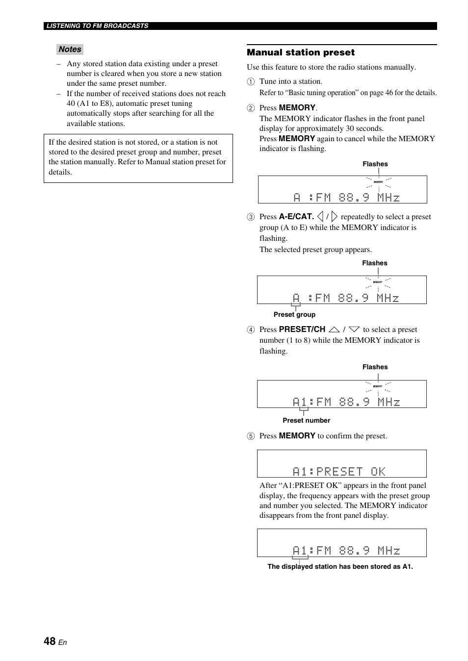 A :fm 88.9 mhz, A1:fm 88.9 mhz | Yamaha DVX-700 User Manual | Page 52 / 86