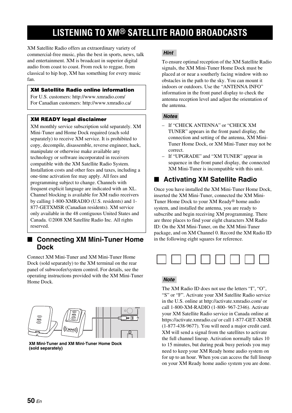 Listening to xm® satellite radio broadcasts, Connecting xm mini-tuner home dock, Activating xm satellite radio | Listening to xm, Satellite radio, Broadcasts, Satellite radio broadcasts | Yamaha DVX-700 User Manual | Page 54 / 86