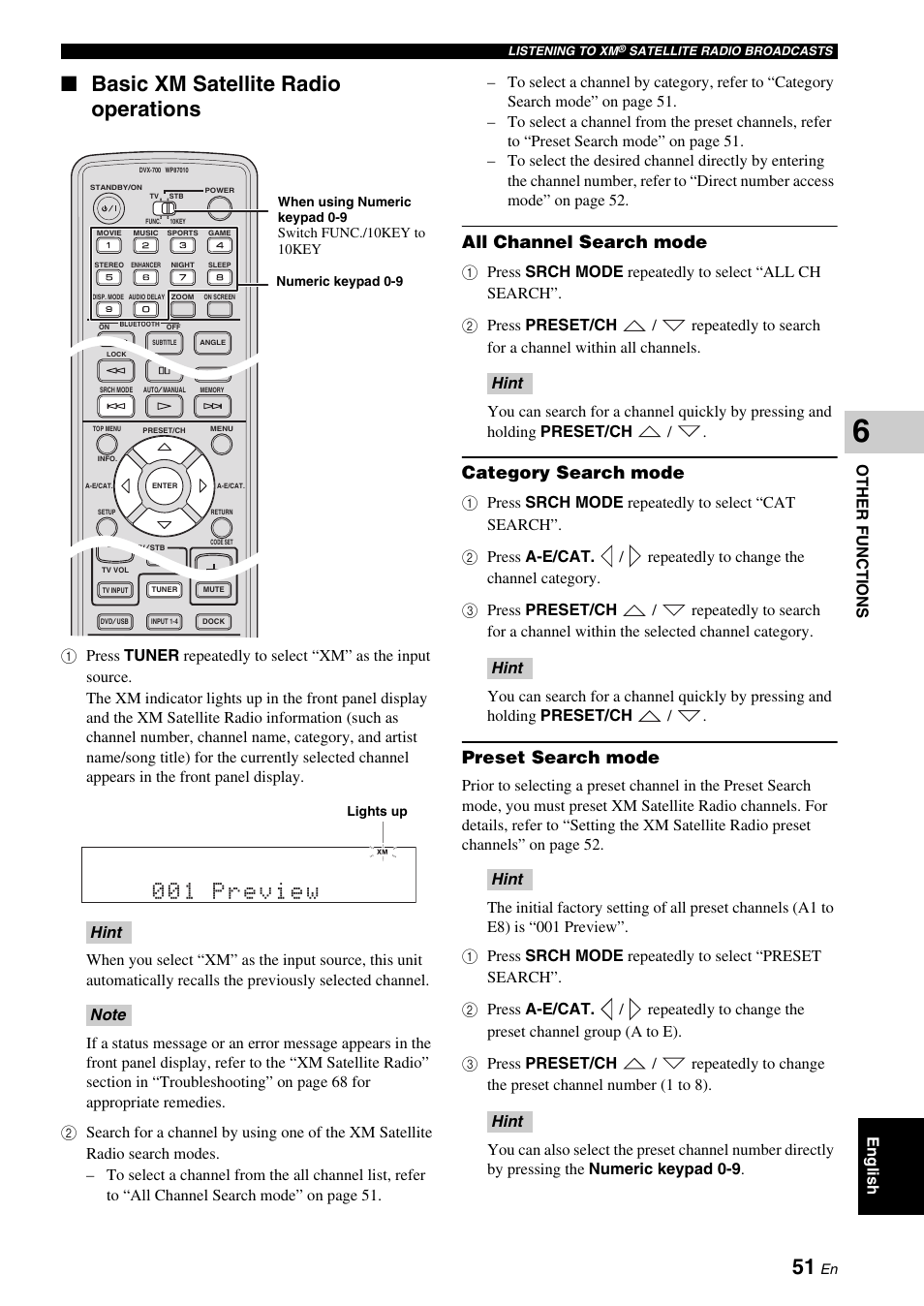 Basic xm satellite radio operations, 001 preview, All channel search mode | Category search mode, Preset search mode, Other fun ction s, Eng lish | Yamaha DVX-700 User Manual | Page 55 / 86