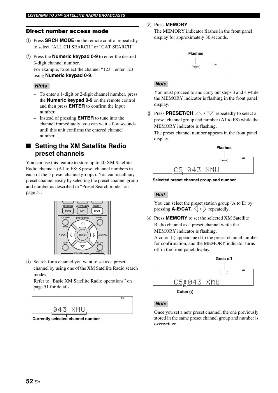 Setting the xm satellite radio preset channels, 043 xmu, C5 043 xmu | C5:043 xmu, Direct number access mode | Yamaha DVX-700 User Manual | Page 56 / 86