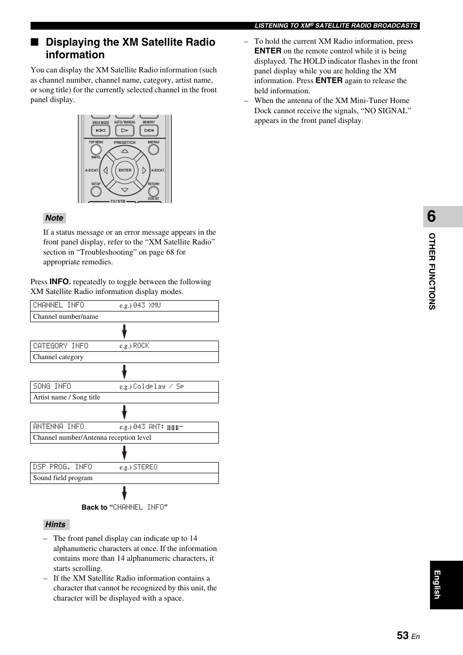 Displaying the xm satellite radio information | Yamaha DVX-700 User Manual | Page 57 / 86