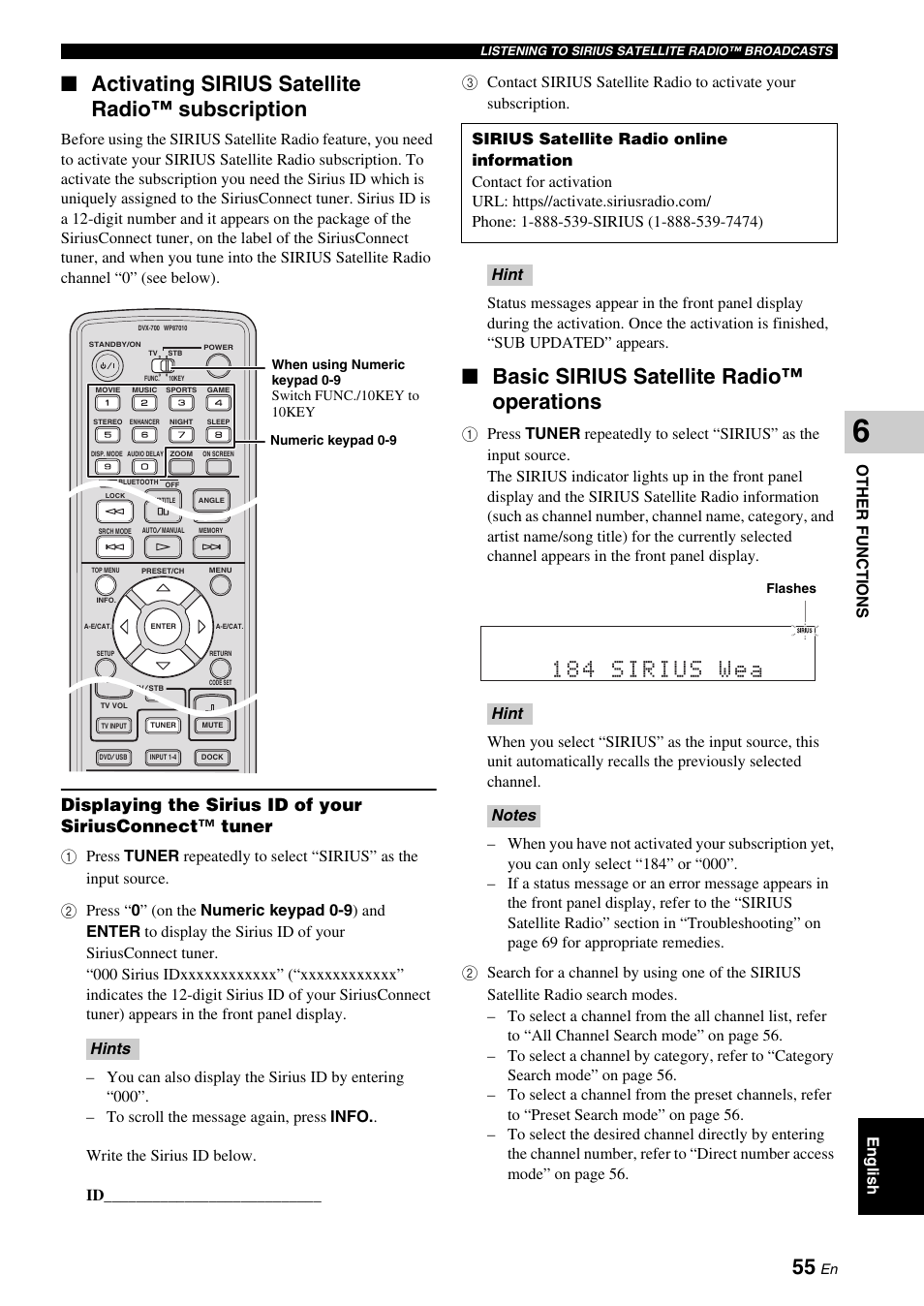 Activating sirius satellite radio™ subscription, Basic sirius satellite radio™ operations, 184 sirius wea | Other fun ction s, Eng lish | Yamaha DVX-700 User Manual | Page 59 / 86
