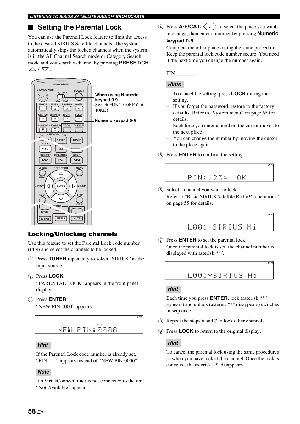 Setting the parental lock, Locking/unlocking channels | Yamaha DVX-700 User Manual | Page 62 / 86