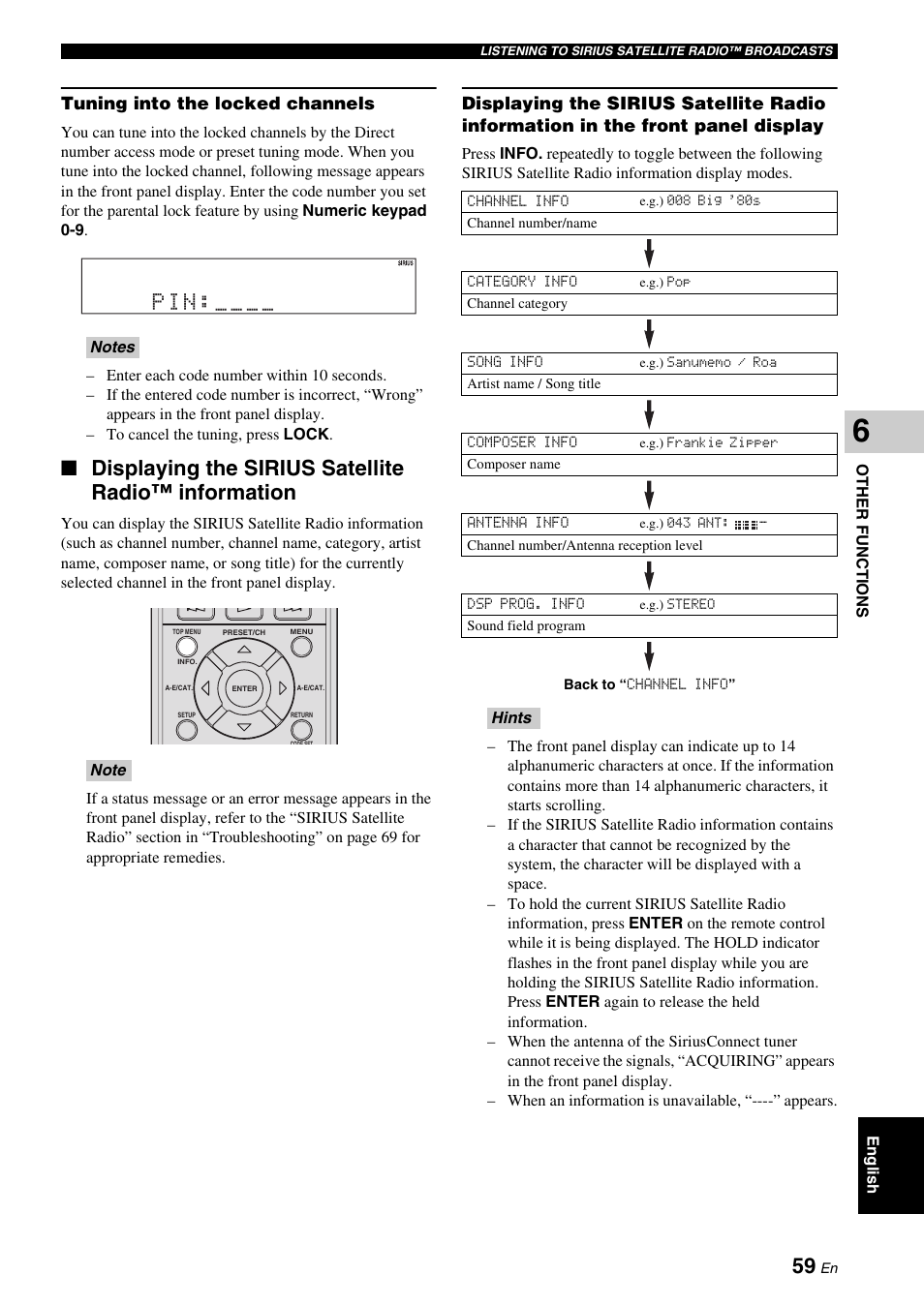 Displaying the sirius satellite radio™ information, Displaying the sirius satellite radio, Information | Tuning into the locked channels | Yamaha DVX-700 User Manual | Page 63 / 86