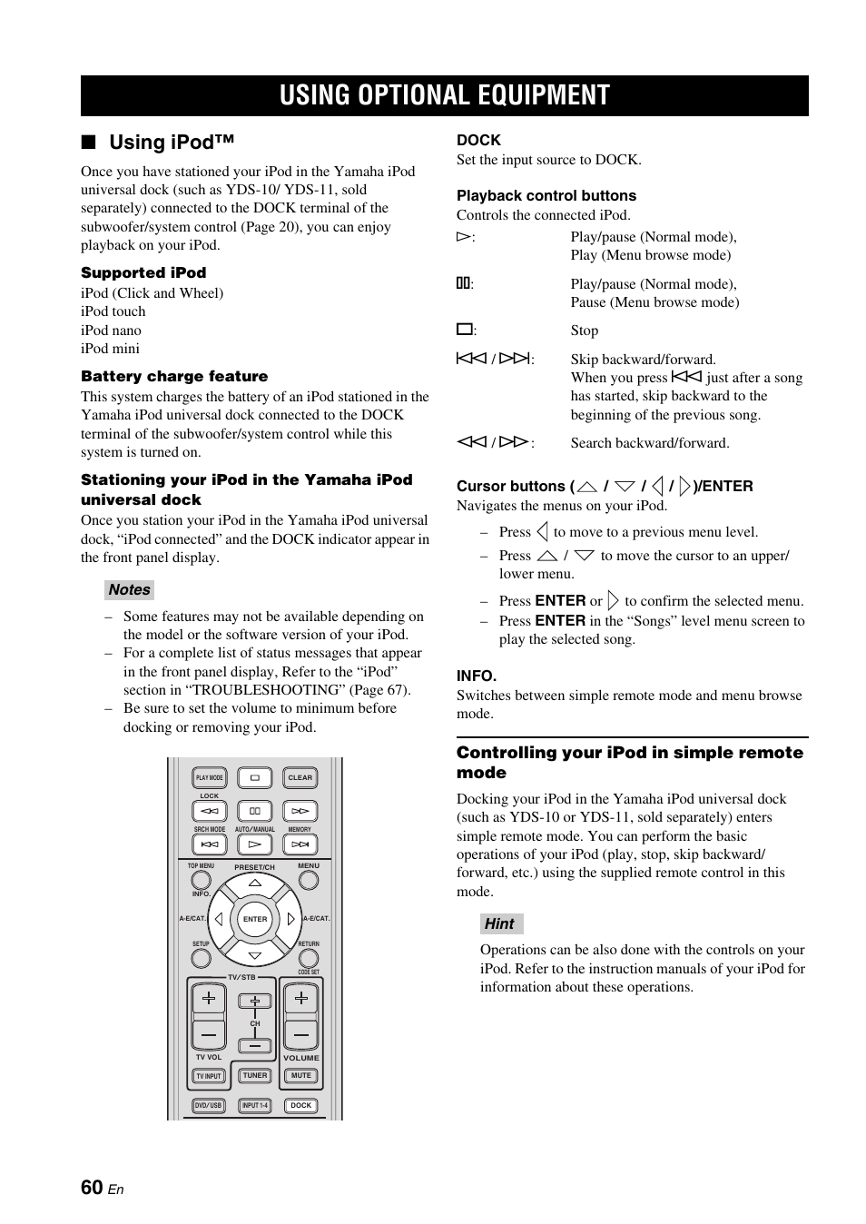 Using optional equipment, Using ipod, Controlling your ipod in simple remote mode | Yamaha DVX-700 User Manual | Page 64 / 86