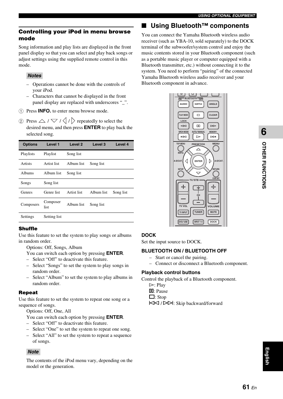 Using bluetooth™ components, Controlling your ipod in menu browse mode, Other fun ction s | Eng lish | Yamaha DVX-700 User Manual | Page 65 / 86