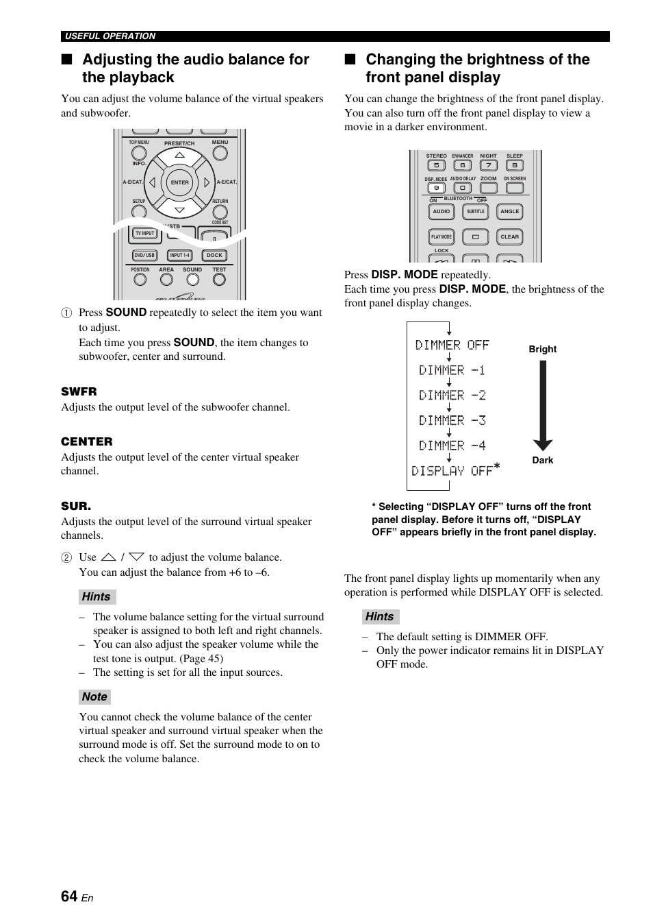 Adjusting the audio balance for the playback, Changing the brightness of the front panel display | Yamaha DVX-700 User Manual | Page 68 / 86