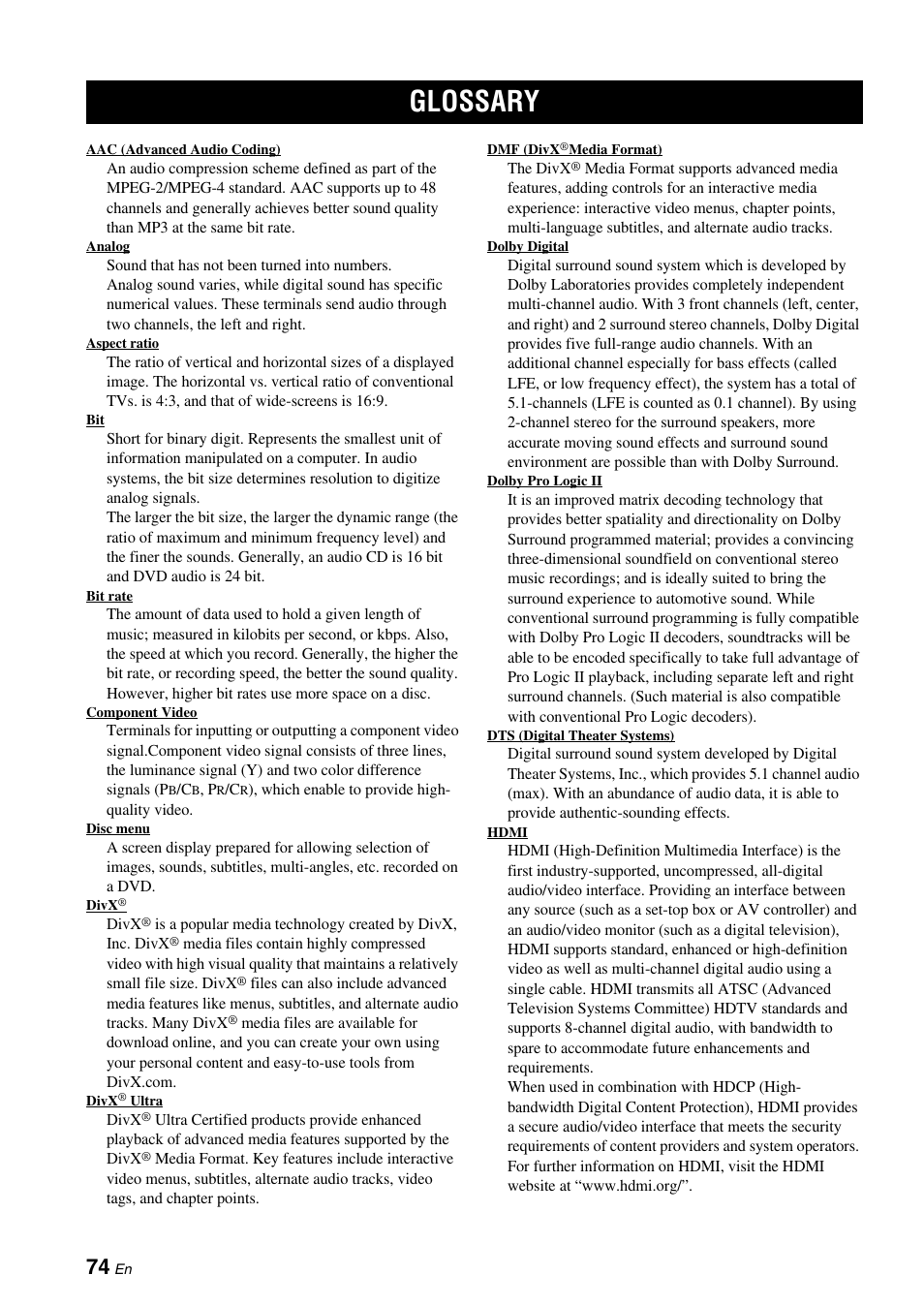 Glossary | Yamaha DVX-700 User Manual | Page 78 / 86