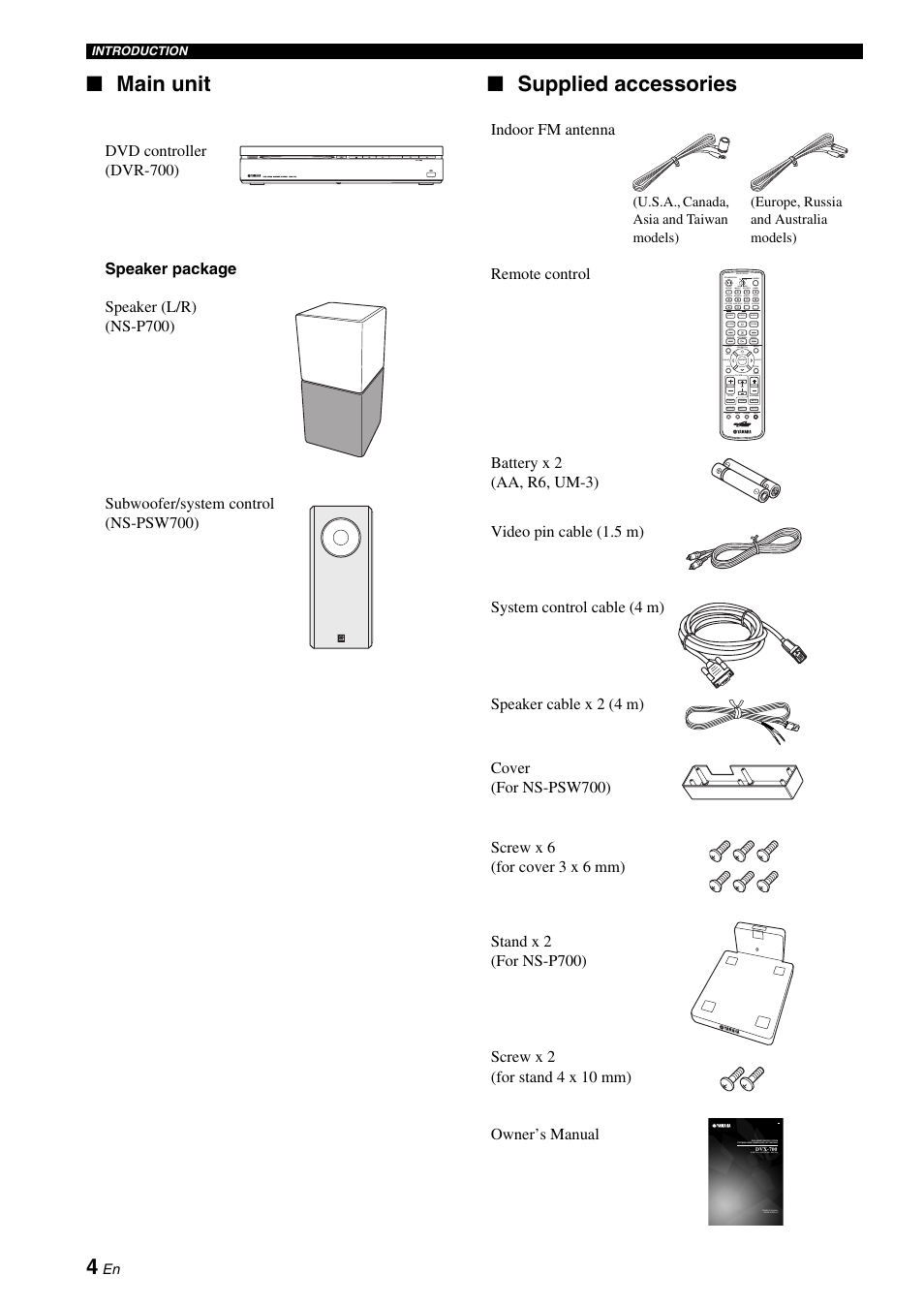 Main unit, Supplied accessories, Main unit supplied accessories | Main unit ■ supplied accessories | Yamaha DVX-700 User Manual | Page 8 / 86