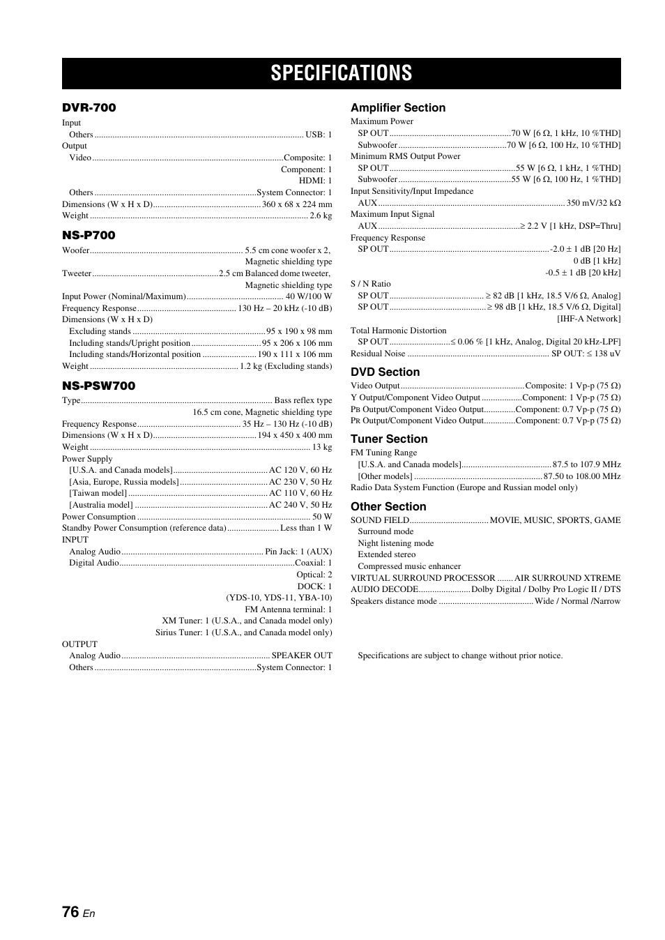 Specifications | Yamaha DVX-700 User Manual | Page 80 / 86