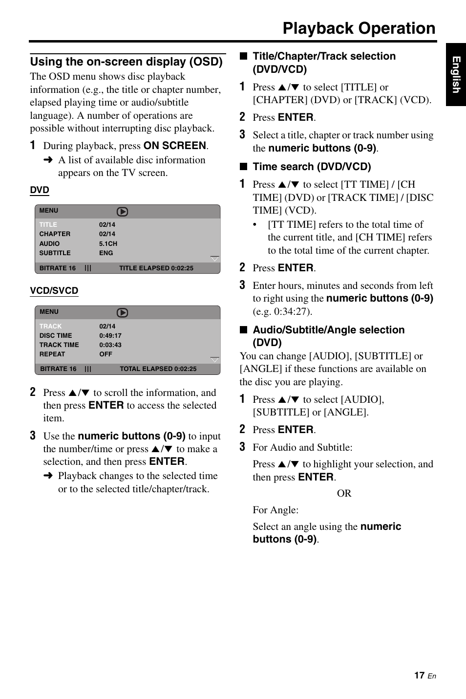 Using the on-screen display (osd), Playback operation | Yamaha DVD-S661 User Manual | Page 21 / 46
