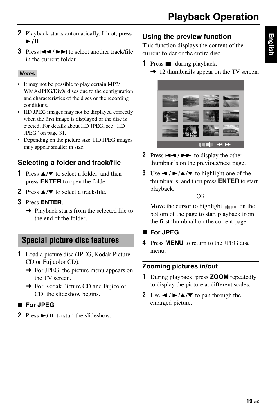 Selecting a folder and track/file, Special picture disc features, Using the preview function | Zooming pictures in/out, 19 and 20, Playback operation | Yamaha DVD-S661 User Manual | Page 23 / 46