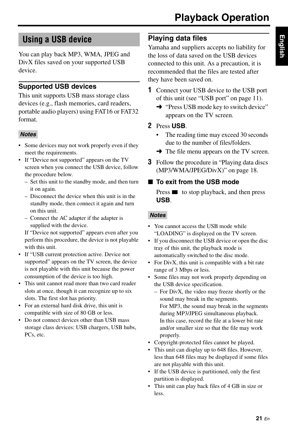 Using a usb device, Supported usb devices, Playing data files | Playback operation | Yamaha DVD-S661 User Manual | Page 25 / 46