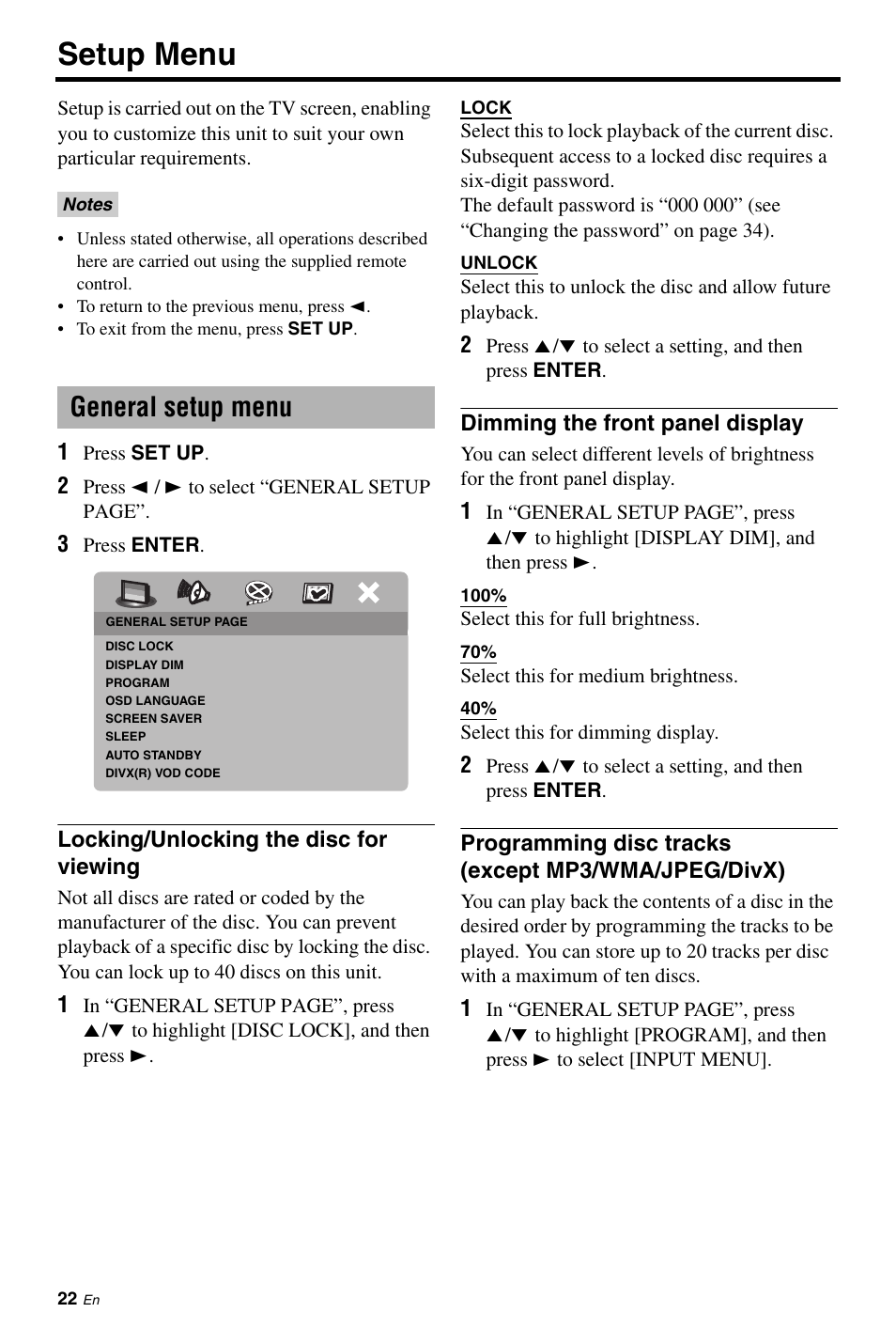 Setup menu, General setup menu, Locking/unlocking the disc for viewing | Dimming the front panel display, Programming disc tracks (except mp3/wma/jpeg/divx), Programming disc tracks (except mp3, Wma/jpeg/divx), D 22) | Yamaha DVD-S661 User Manual | Page 26 / 46