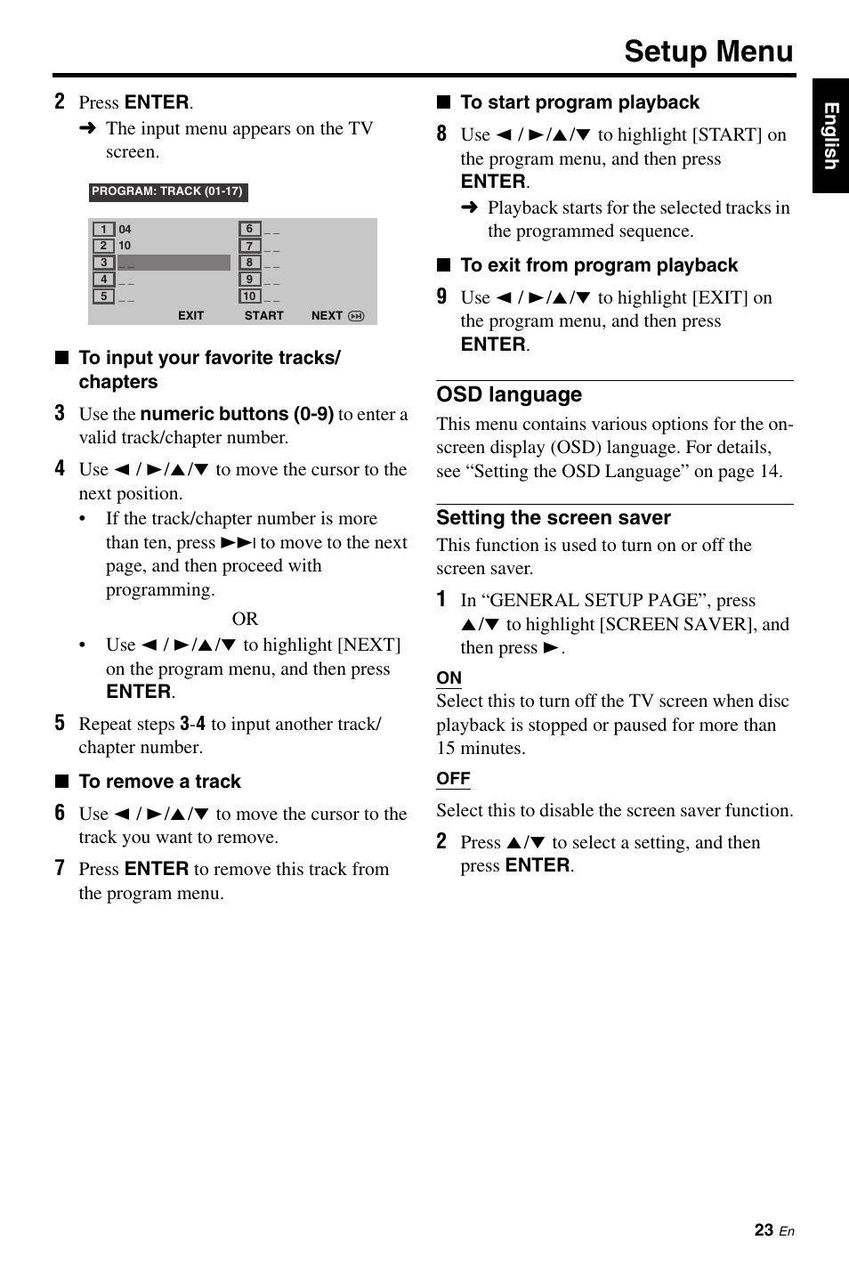 Osd language, Setting the screen saver, Setup menu | Yamaha DVD-S661 User Manual | Page 27 / 46