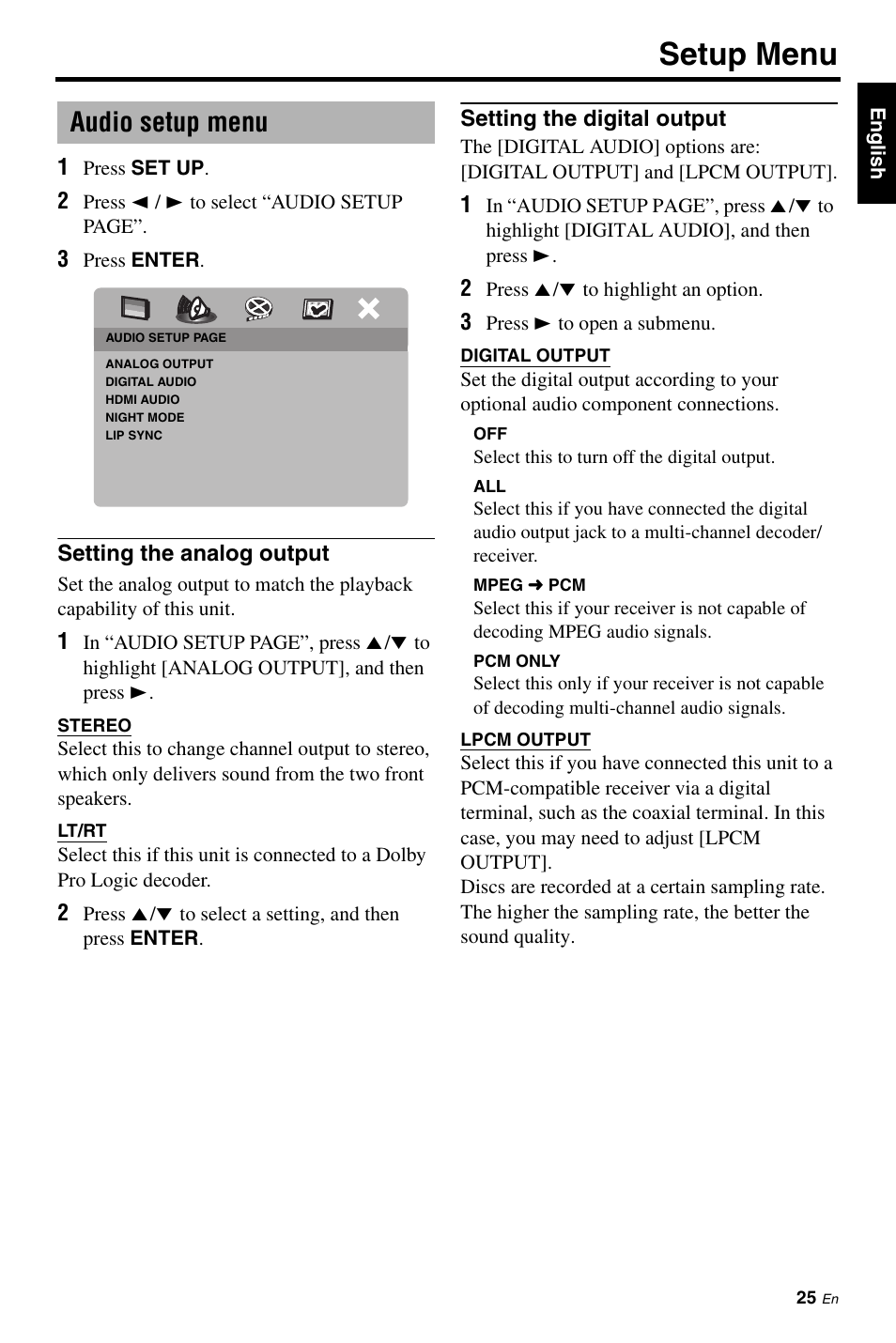 Audio setup menu, Setting the analog output, Setting the digital output | Setup menu | Yamaha DVD-S661 User Manual | Page 29 / 46