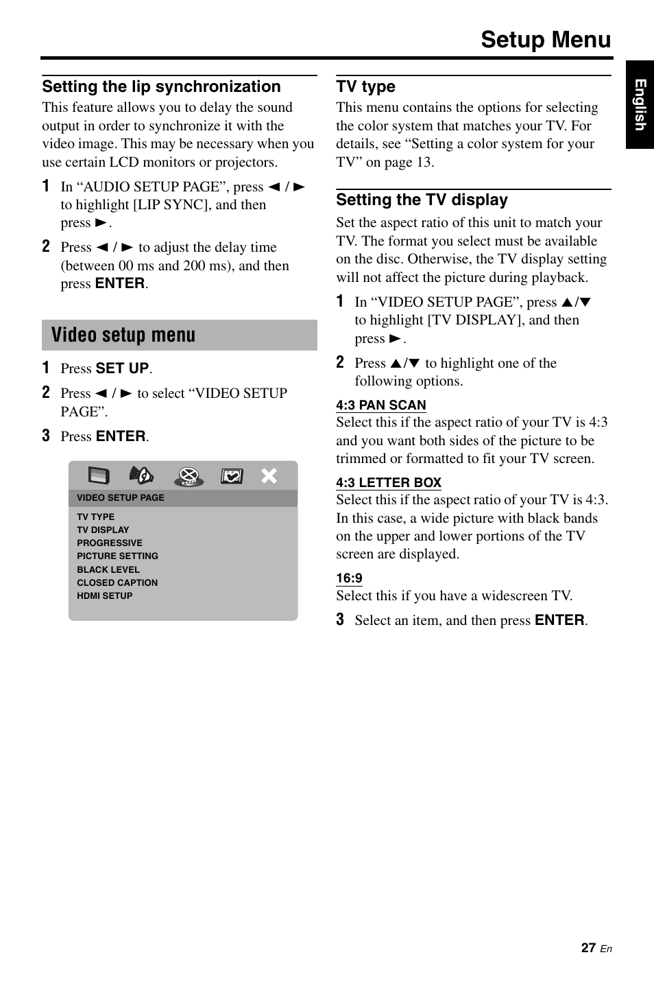 Setting the lip synchronization, Video setup menu, Tv type | Setting the tv display, Setup menu | Yamaha DVD-S661 User Manual | Page 31 / 46