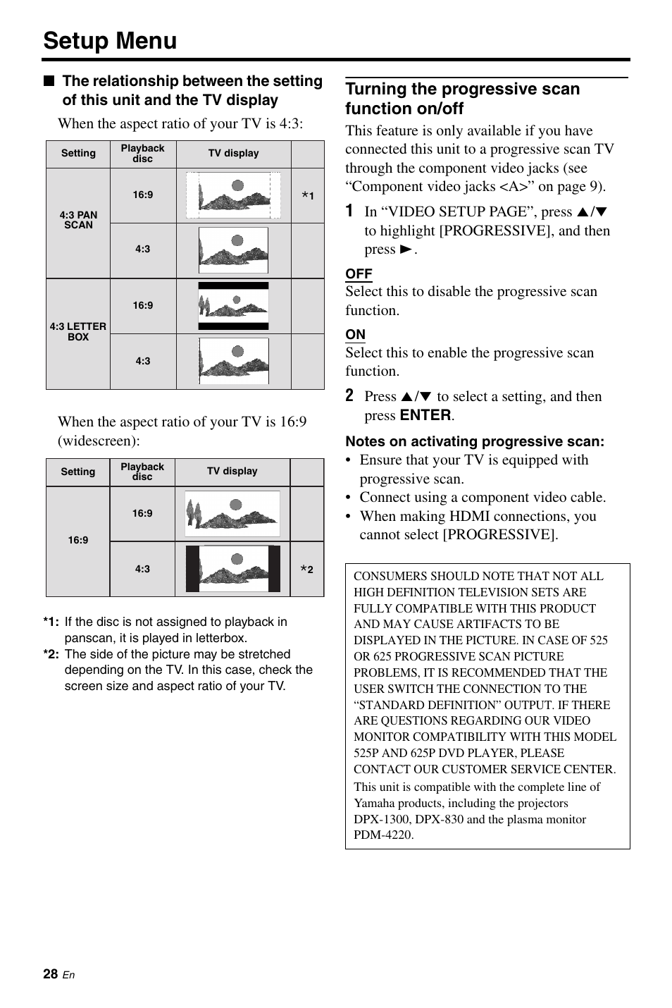 Turning the progressive scan function on/off, Setup menu | Yamaha DVD-S661 User Manual | Page 32 / 46