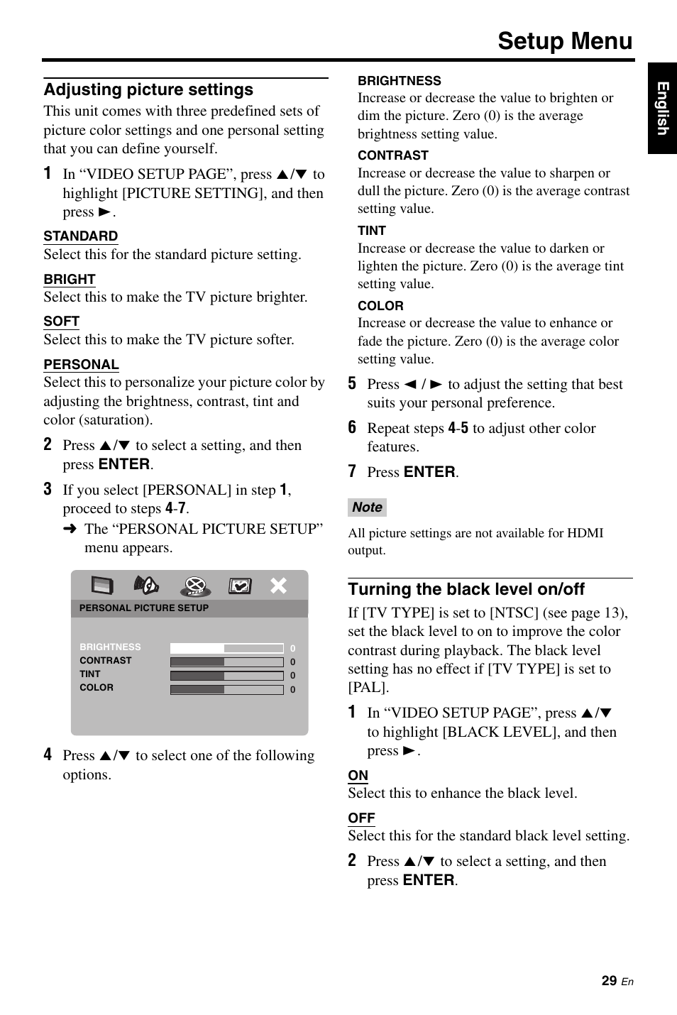 Adjusting picture settings, Turning the black level on/off, Setup menu | Yamaha DVD-S661 User Manual | Page 33 / 46