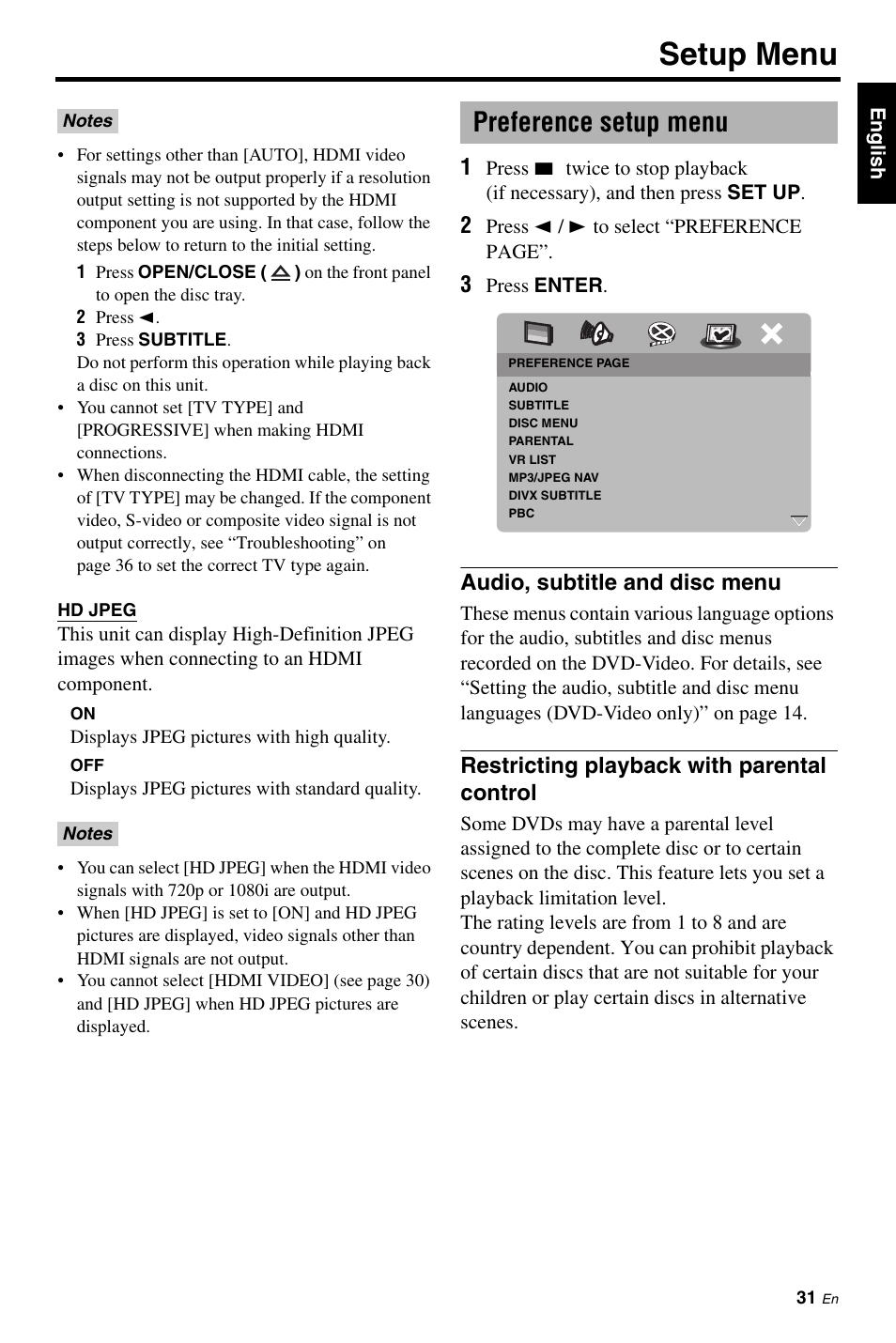 Preference setup menu, Audio, subtitle and disc menu, Restricting playback with parental control | Setup menu | Yamaha DVD-S661 User Manual | Page 35 / 46