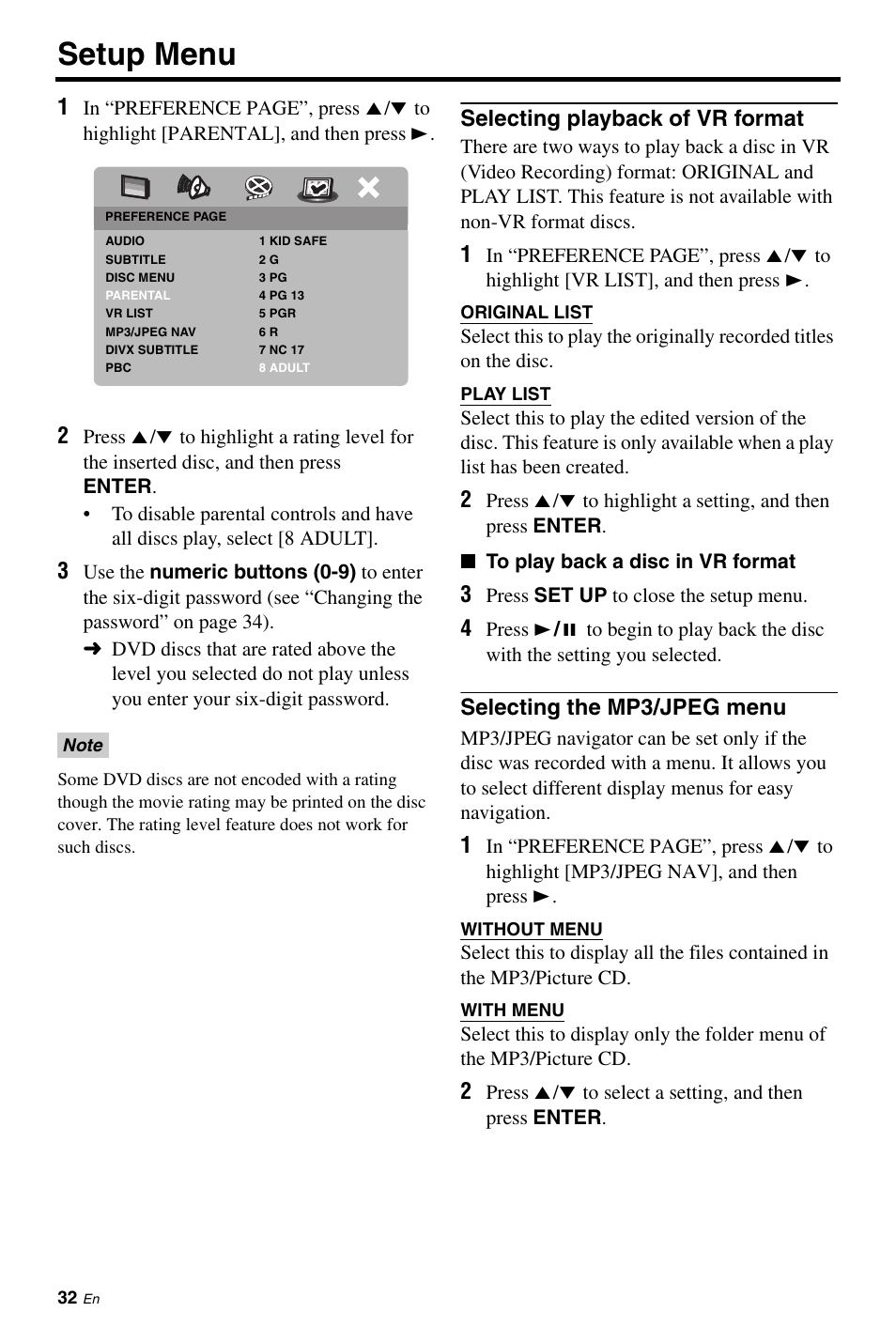 Selecting playback of vr format, Selecting the mp3/jpeg menu, Setup menu | Yamaha DVD-S661 User Manual | Page 36 / 46