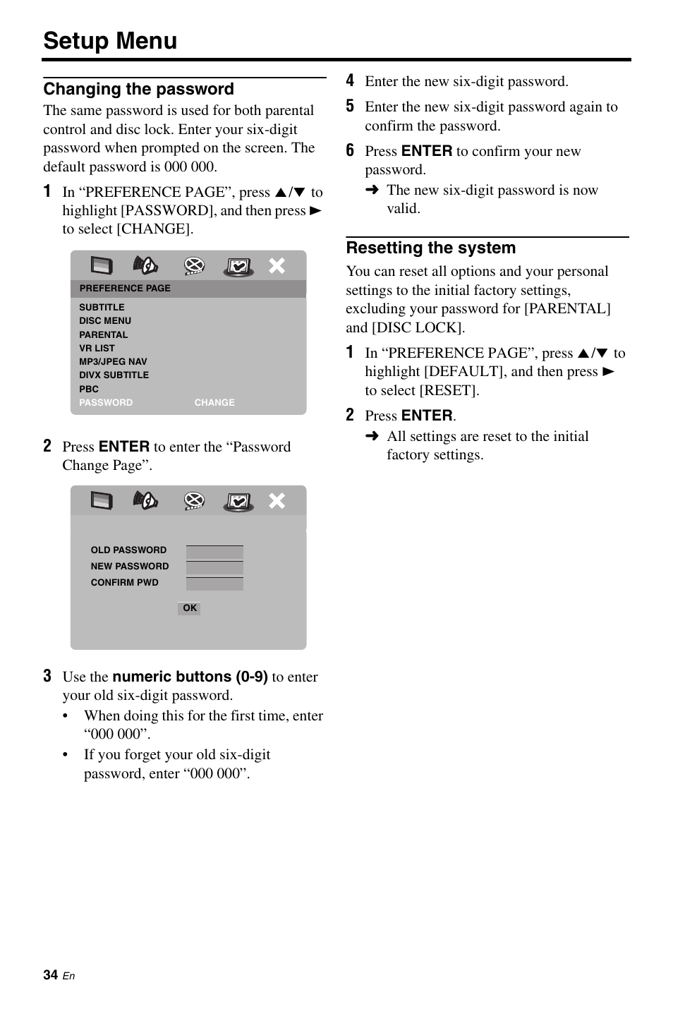 Changing the password, Resetting the system, Setup menu | Yamaha DVD-S661 User Manual | Page 38 / 46