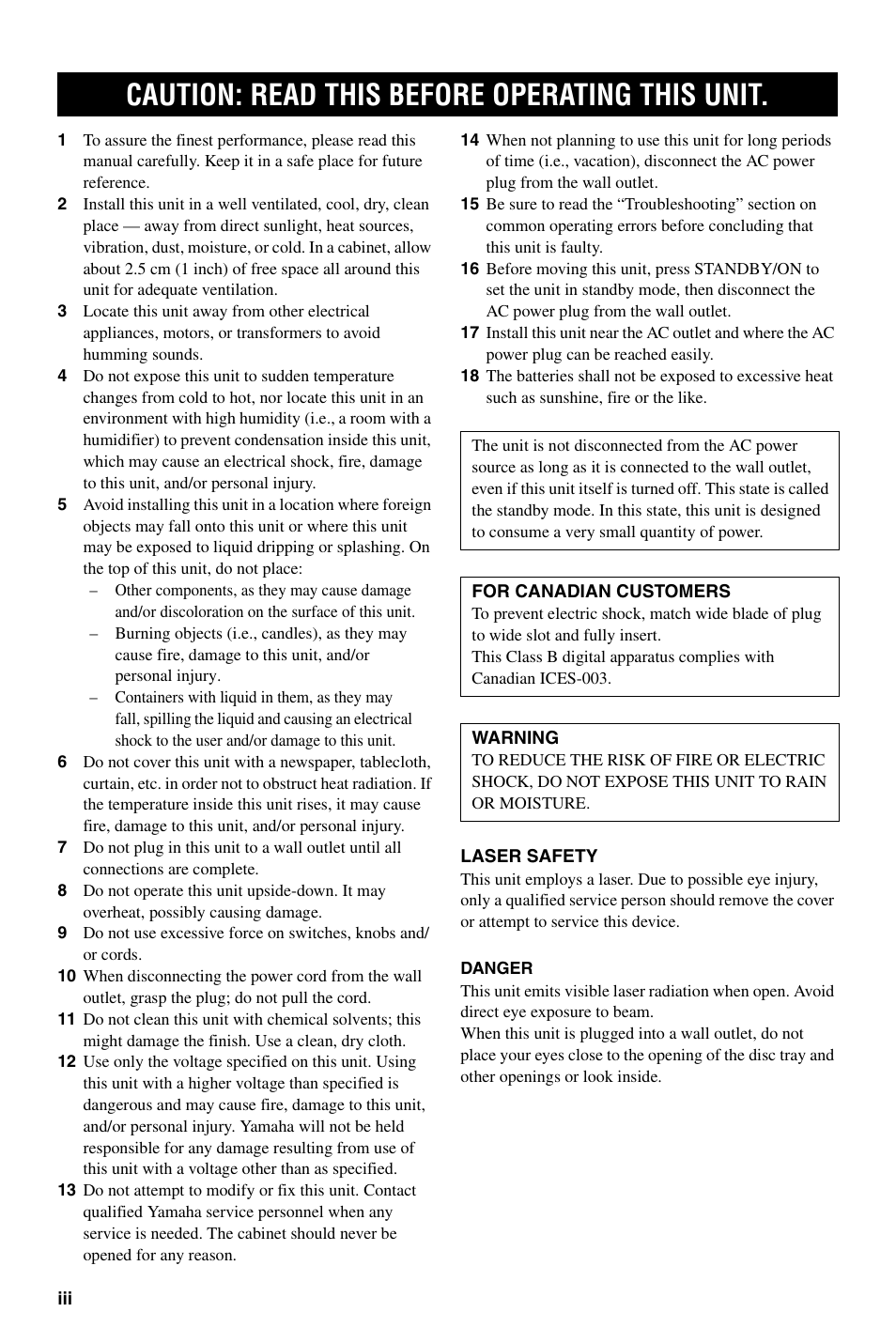 Caution: read this before operating this unit | Yamaha DVD-S661 User Manual | Page 4 / 46