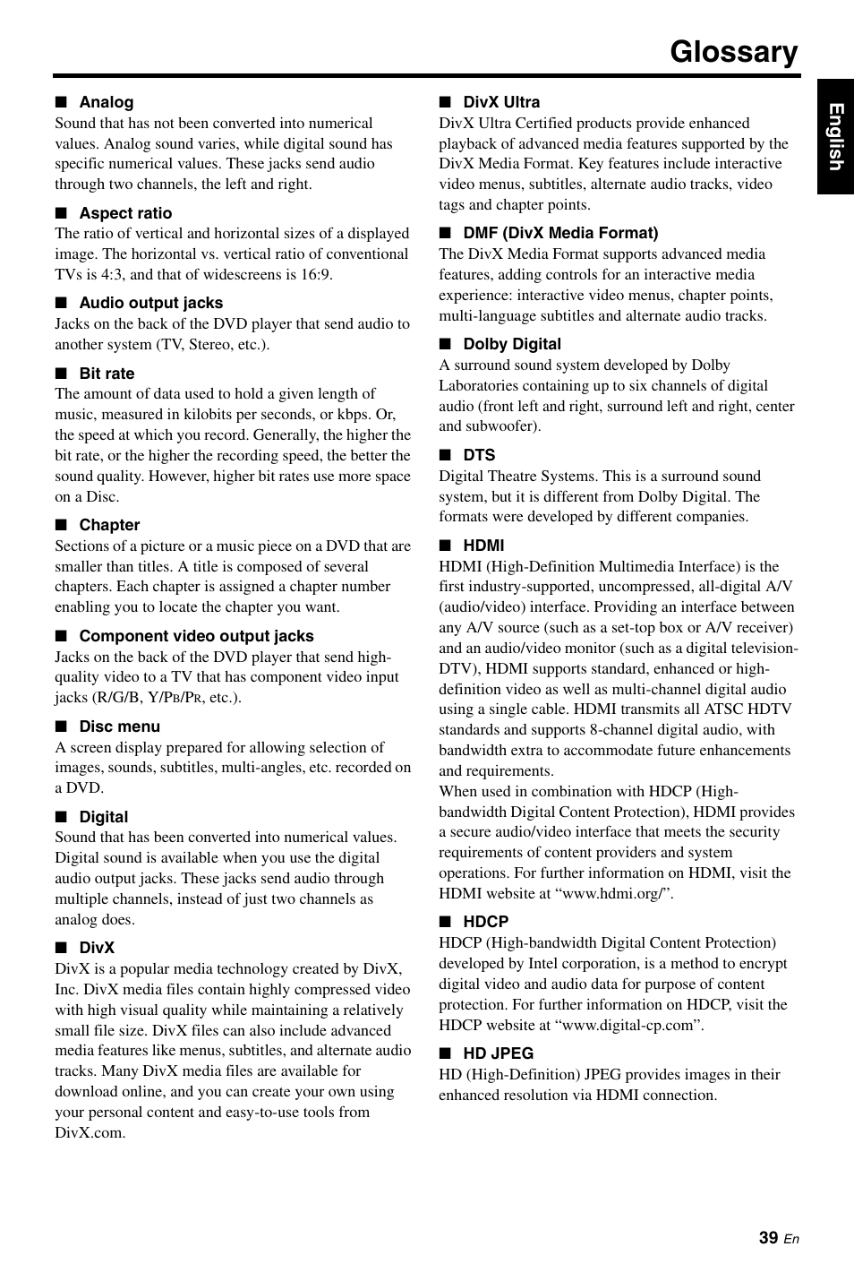 Glossary | Yamaha DVD-S661 User Manual | Page 43 / 46
