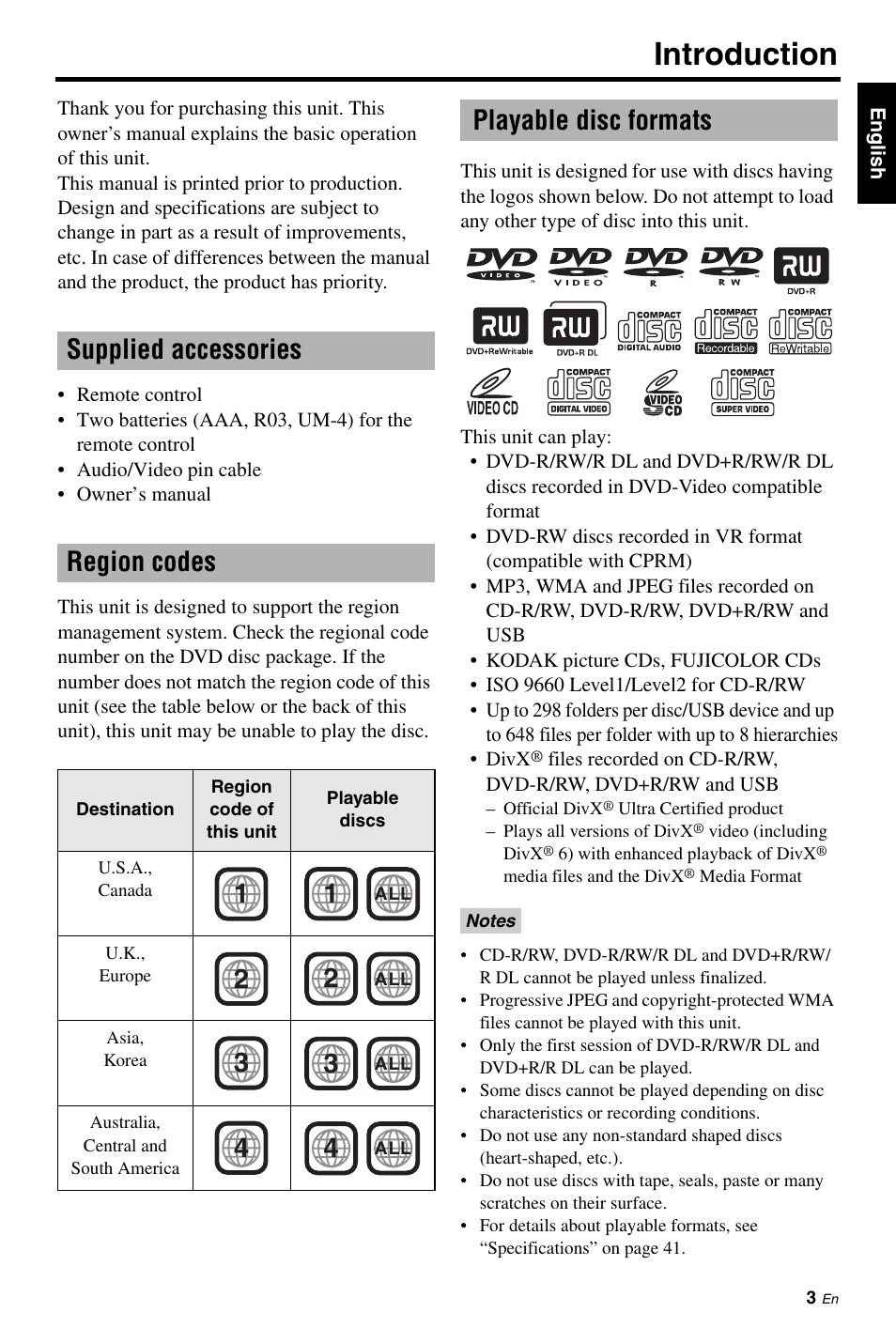 Introduction, Supplied accessories, Region codes | Playable disc formats, Supplied accessories region codes | Yamaha DVD-S661 User Manual | Page 7 / 46