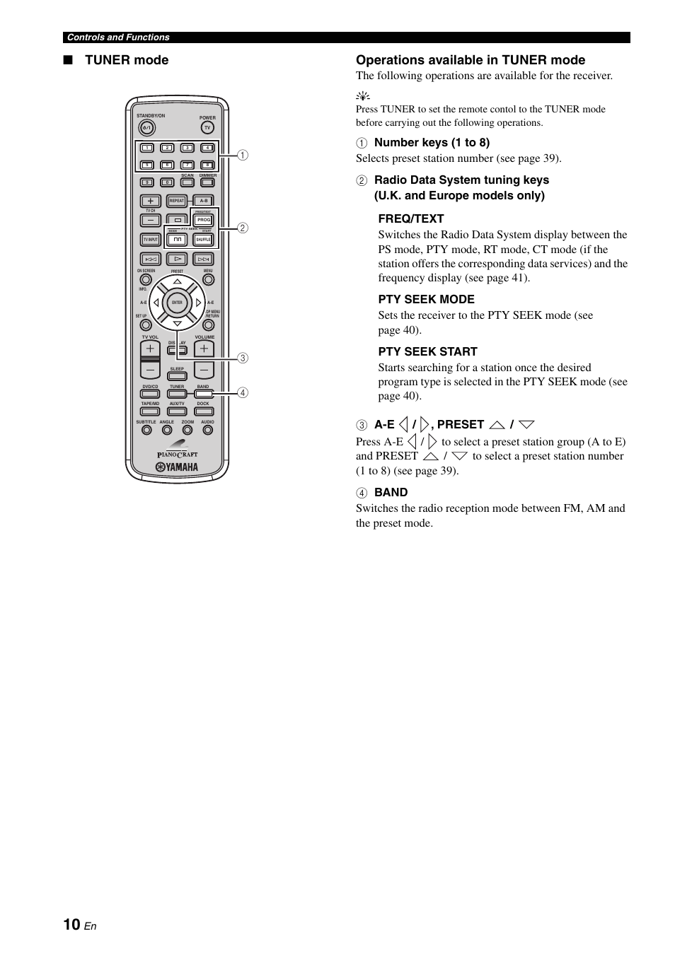 Tuner mode operations available in tuner mode | Yamaha E810 User Manual | Page 14 / 74