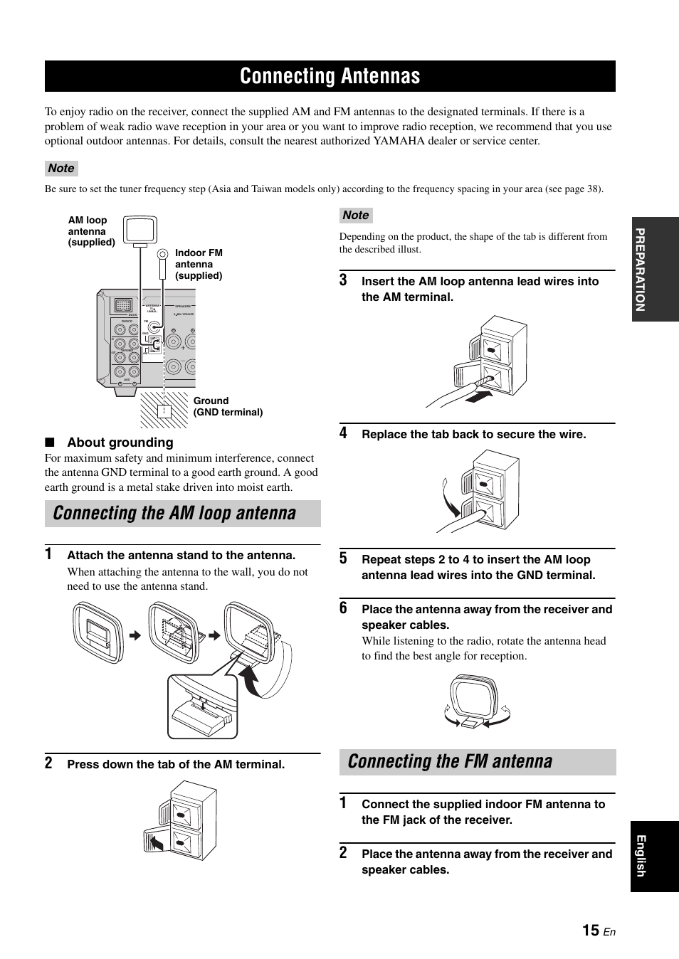Connecting antennas, Connecting the am loop antenna, Connecting the fm antenna | About grounding | Yamaha E810 User Manual | Page 19 / 74