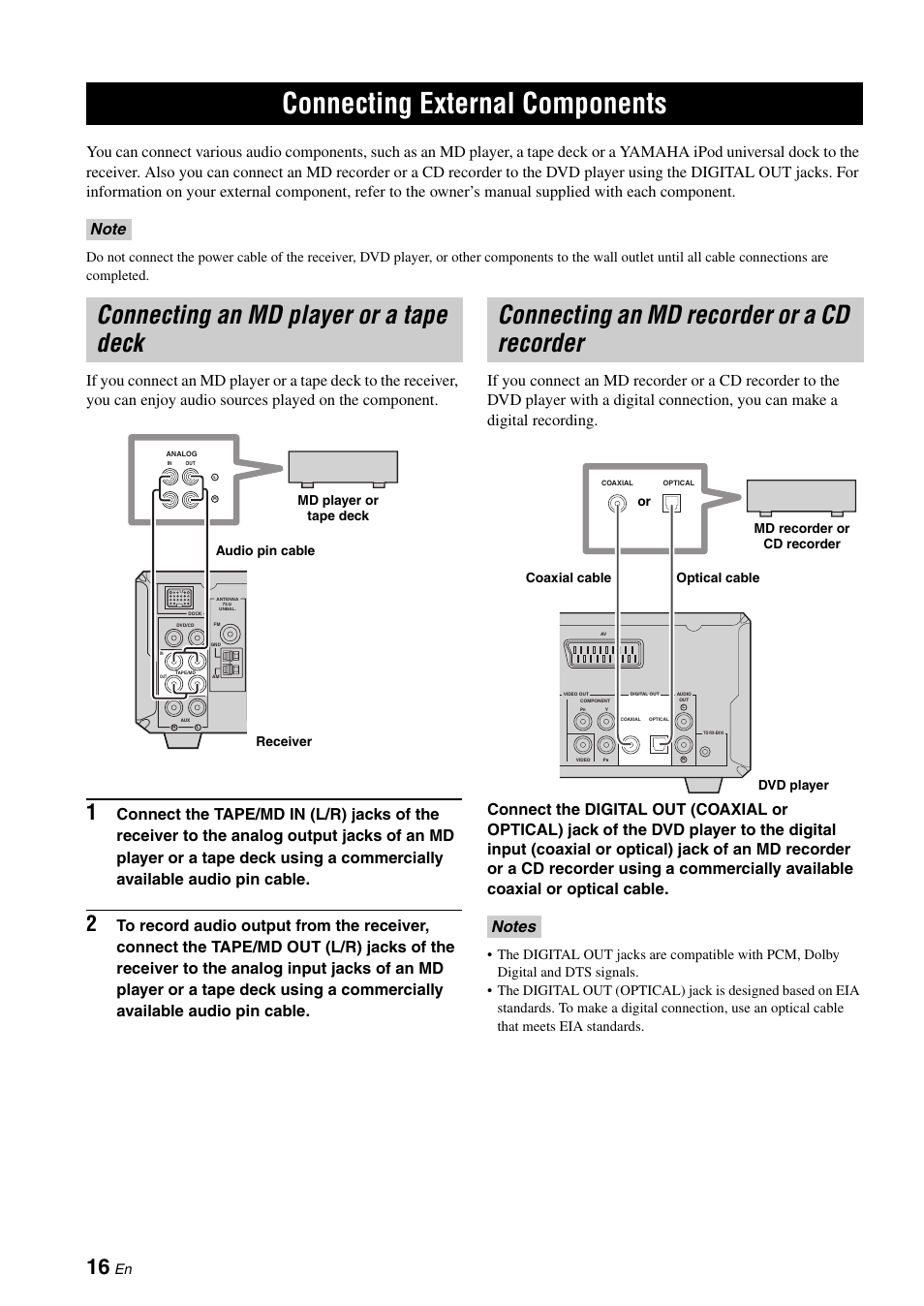 Connecting external components, Connecting an md player or a tape deck, Connecting an md recorder or a cd recorder | Yamaha E810 User Manual | Page 20 / 74