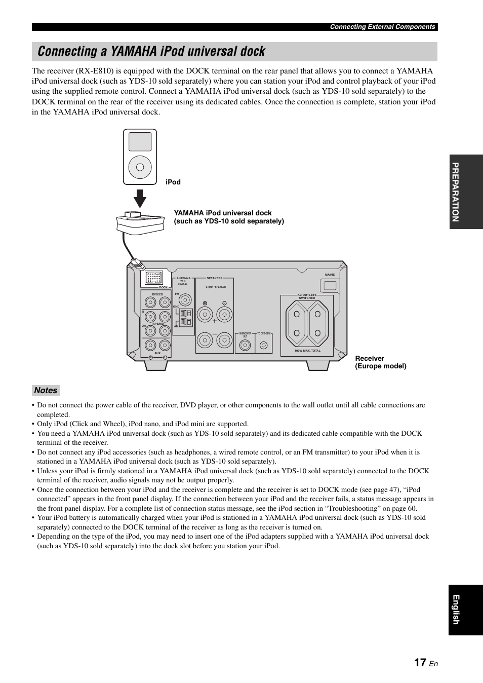 Connecting a yamaha ipod universal dock | Yamaha E810 User Manual | Page 21 / 74