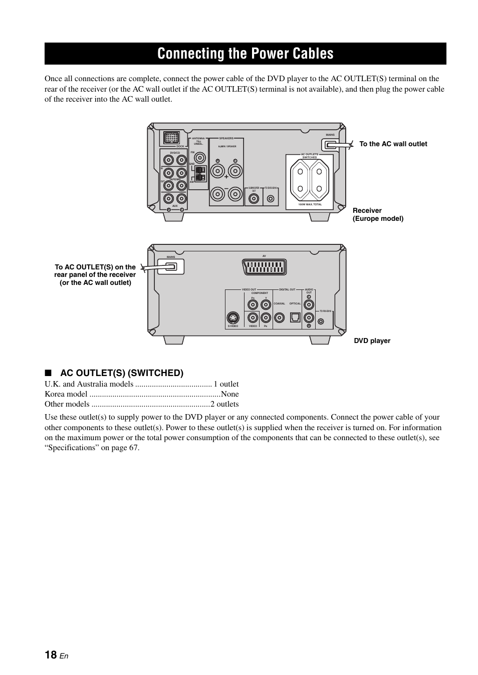 Connecting the power cables, Ac outlet(s) (switched) | Yamaha E810 User Manual | Page 22 / 74